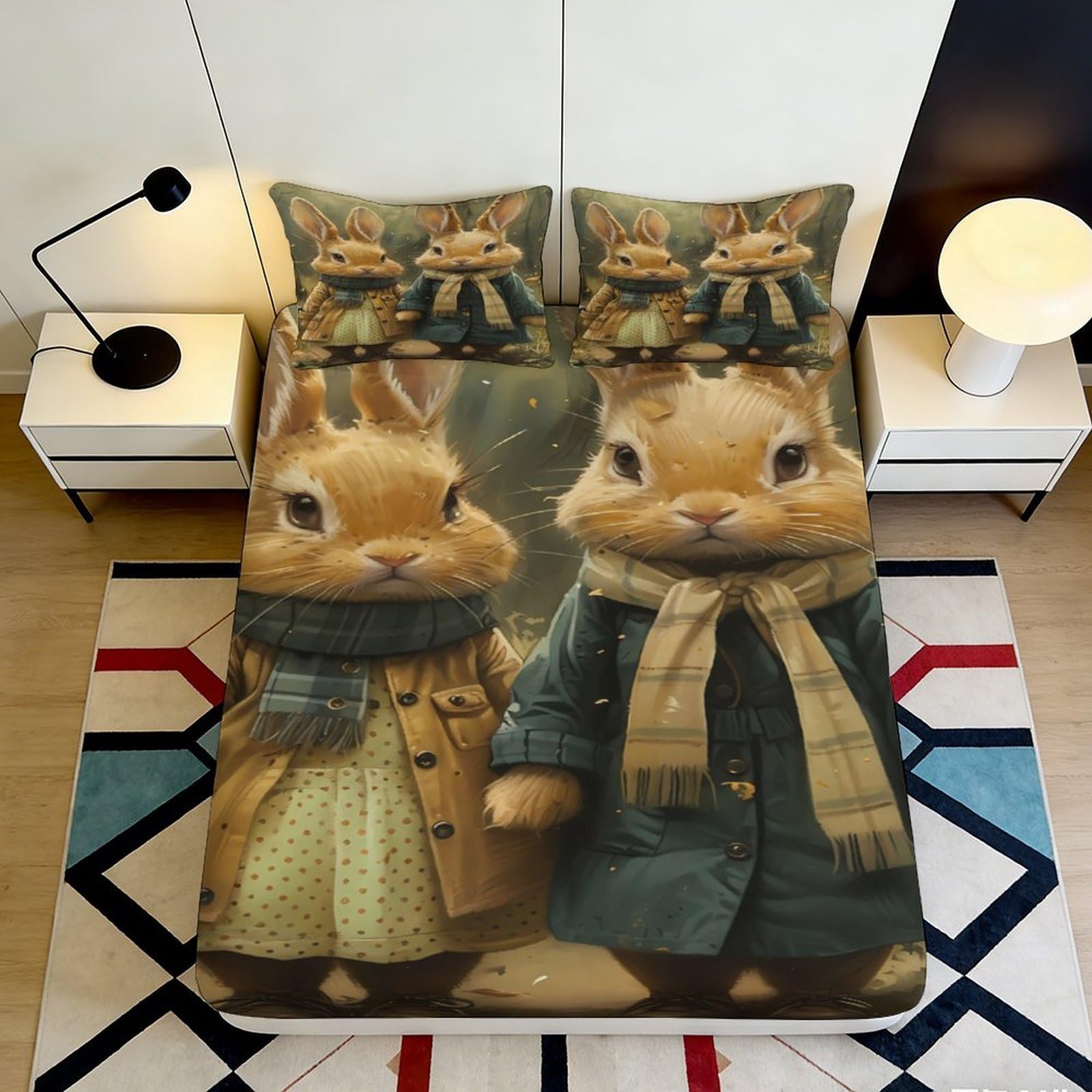 Dhbaneiok Style-10 3D Printed Cute Rabbit Fitted Sheet Microfiber Soft Breathable Animal Couple Bed Cover For Bedroom Dorm Decor 90X200x25cm