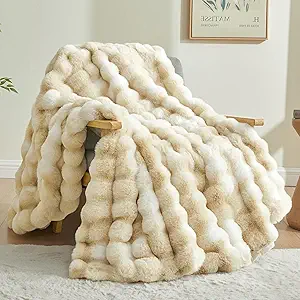 BEDELITE Faux Fur Throw Blanket for Couch, Decorative Tie-Dye Khaki Plush Bubble Blanket - Super Soft & Cozy Fluffy Faux Rabbit Fur Blanket for Women Gift, 50x60 Inches