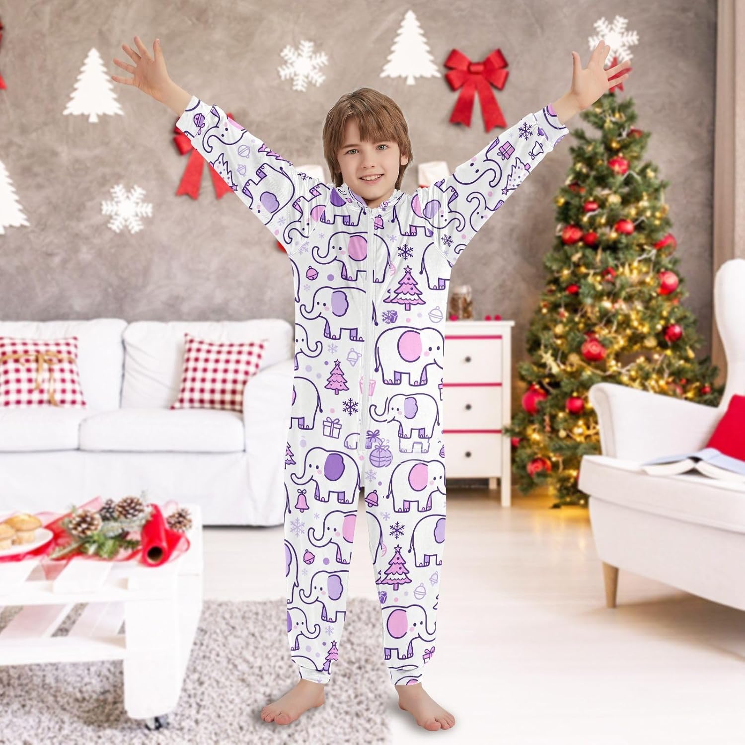 Cute White Elephant Purple and Pink Winter Kids Sleepwear Holiday Pajamas Soft Cozy Hooded Boys Blanket Sleeper Pjs
