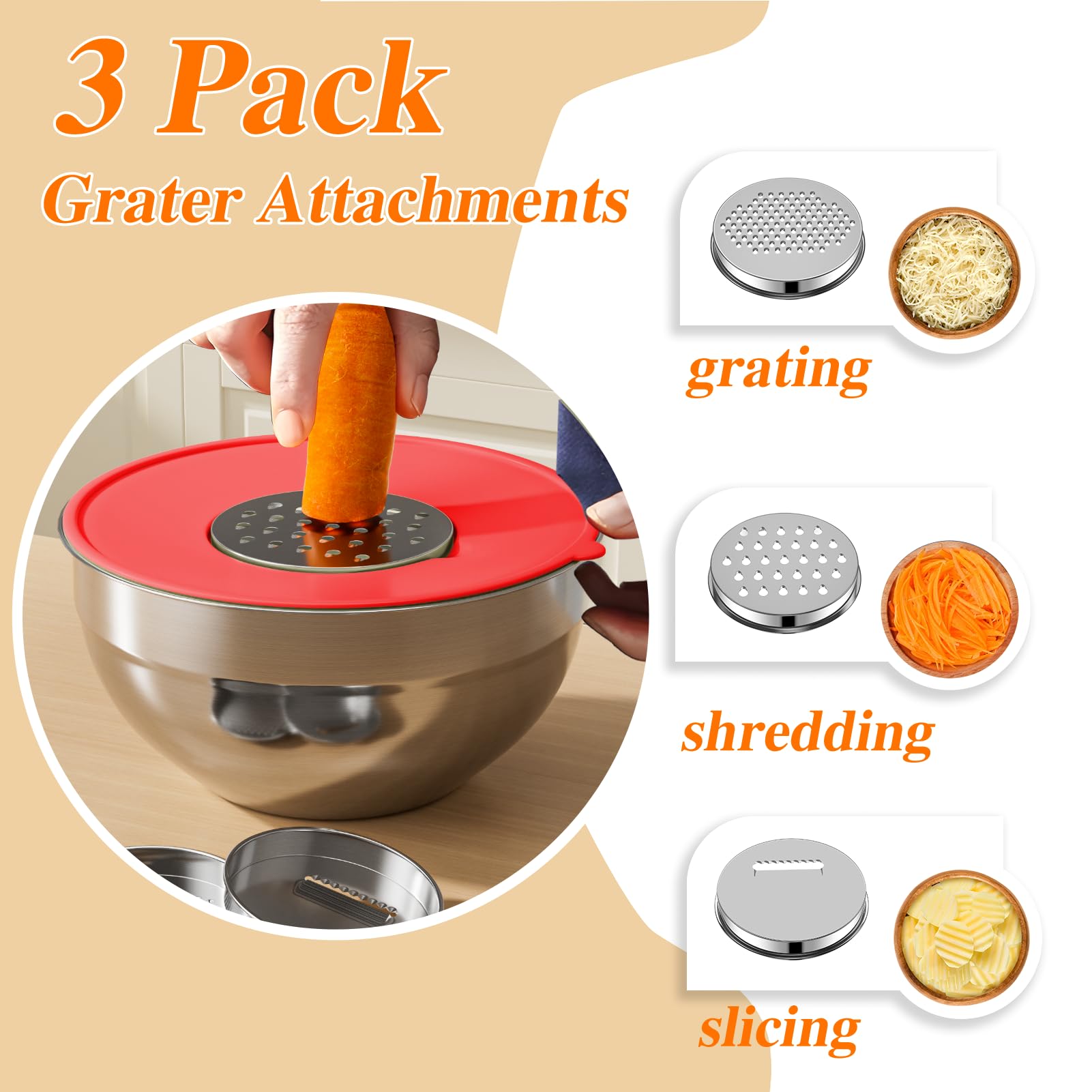 Juego de 6 tazones para mezclar con tapas, cuencos de acero inoxidable con 3 accesorios de rallador, organizadores de alimentos de cocina, tazón para mezclar anidado, tamaño grande 4.5, 3.5,
