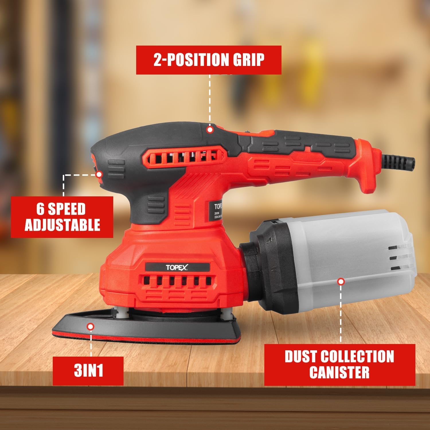 TOPEX 200W Multi-Function Electric Detail Sander with Variable Speed Control & 3 Sanding Pads