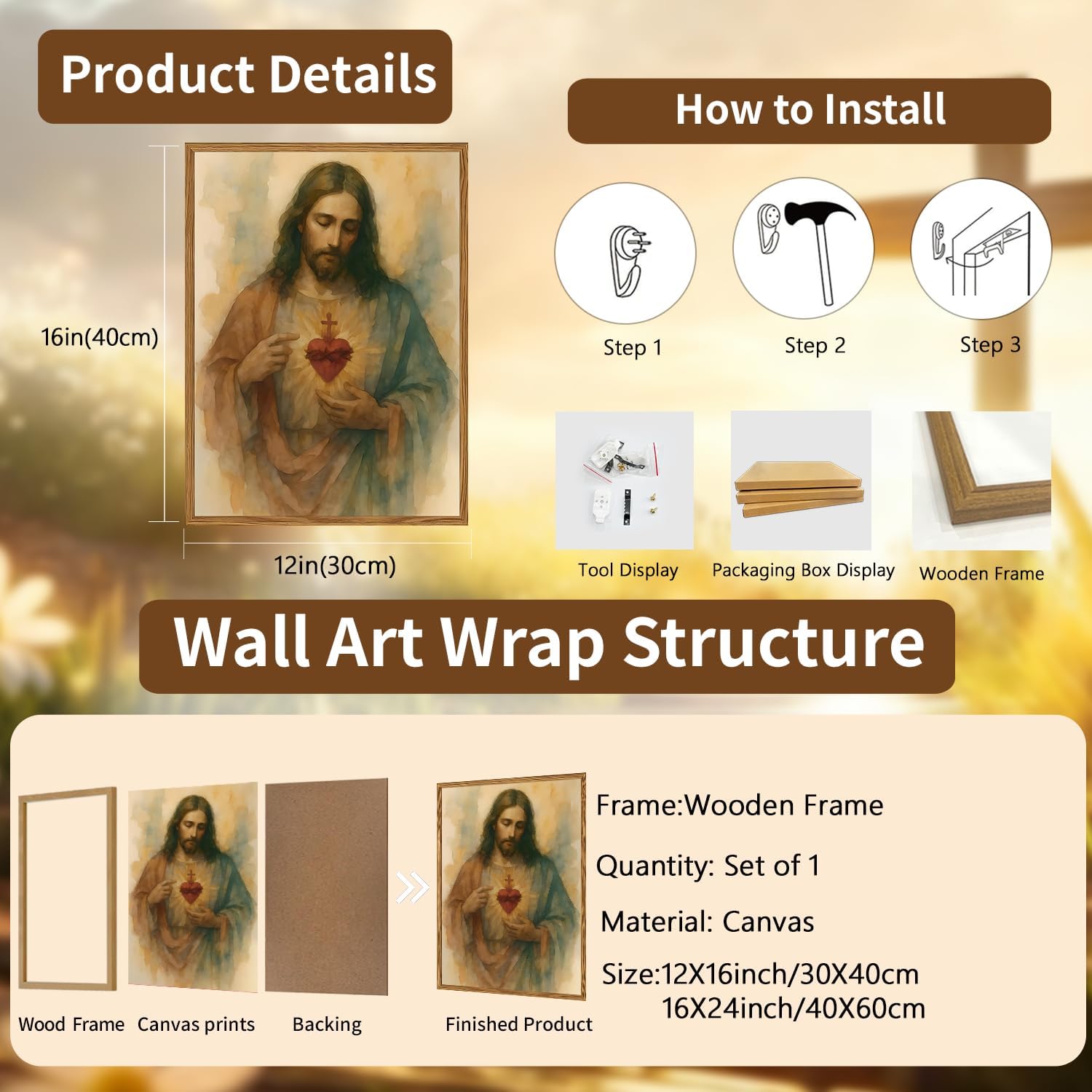 Framed Sacred Heart of Jesus Wall Art, Christian Jesus Paintings Wall Decor, Catholic Divine Mercy Pictures Canvas Prints Religious Home Decor for Living Room Bedroom Prayer Room Church 12x16 inch - Image 5