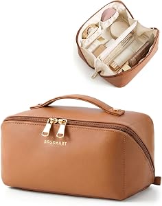 BAGSMART Makeup Bag Travel Cosmetic Bag, Large Make Up Bag Flat Open Toiletry Bag for Women, PU Leather Travel Essentials Organizer Case, Wide-Open Pouch Purse for Skincare, Brushes, Classic Brown