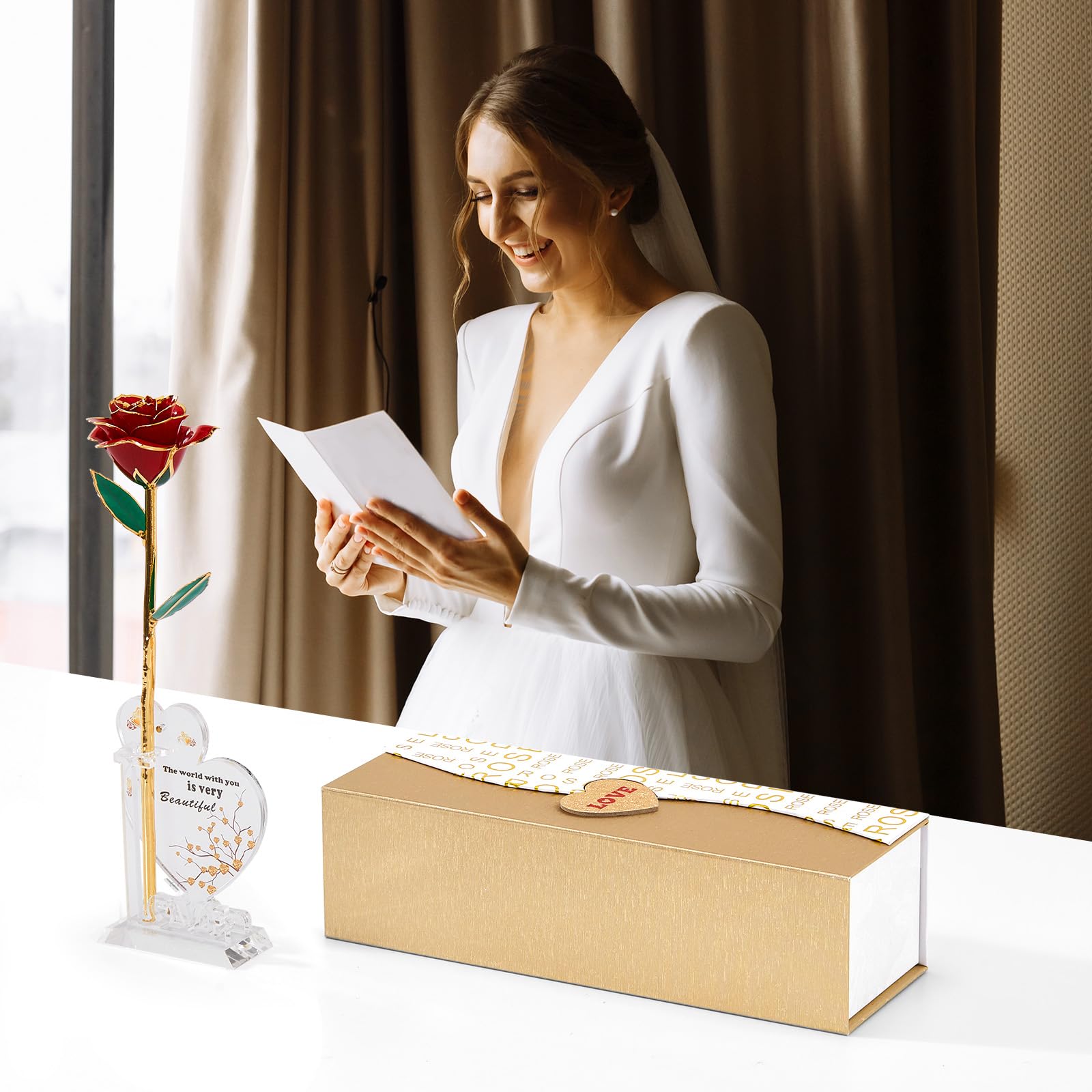 Mikasol Plaqué Or 24K des Roses PréServéEs pour Toujours, ImpréGnation Manuelle Cadeaux Romantiques pour Les Femmes dans Sa Femme Petite Amie Anniversaire Saint Valentin FêTe des MèRes NoëL (Rouge)