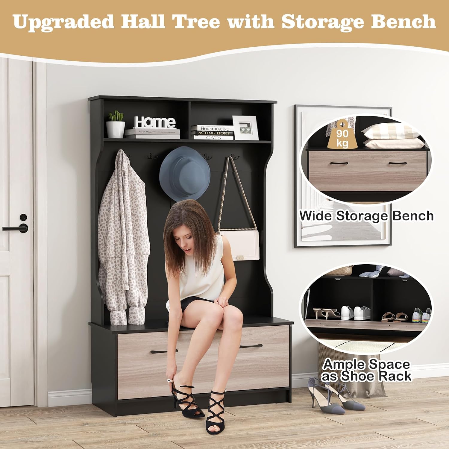 CASART Coat Stand with Shoe Storage, 100x40x160cm Wooden Clothes Rack with Shoe Bench, 2 Shelves & 5 Double Hooks, 3 in 1 Storage Shelf Freestanding Hall Tree for Hallway Entryway Living Room (Black)