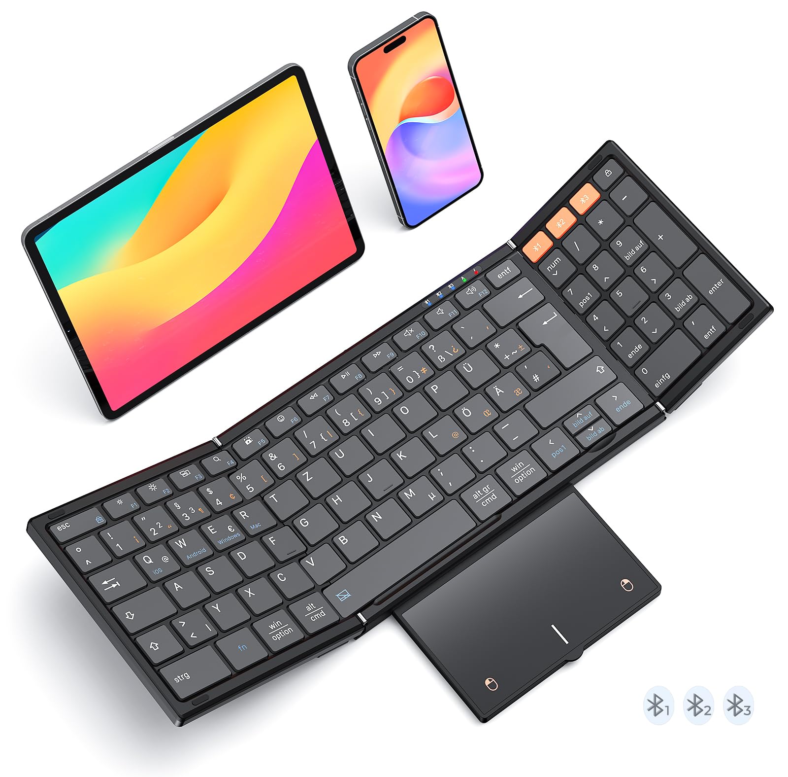 MEETION Faltbare Bluetooth-Tastatur mit Touchpad, QWERTZ, Kabellos | Tragbare, wiederaufladbare Tastatur mit Ziffernblock, kompatibel mit iPad, Windows, Mac, Android, iOS und Laptops