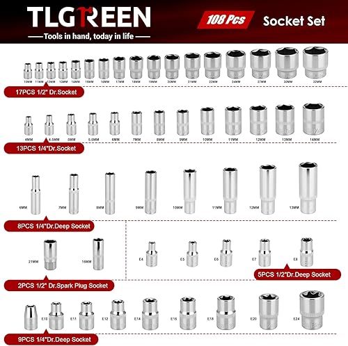 Miniatura 5 de TLGREEN Kit de herramientas mecánicas de 108 piezas, acero CR-V métrico y estándar de 14 y 12 pulgadas, junta universal, barras de extensión,
