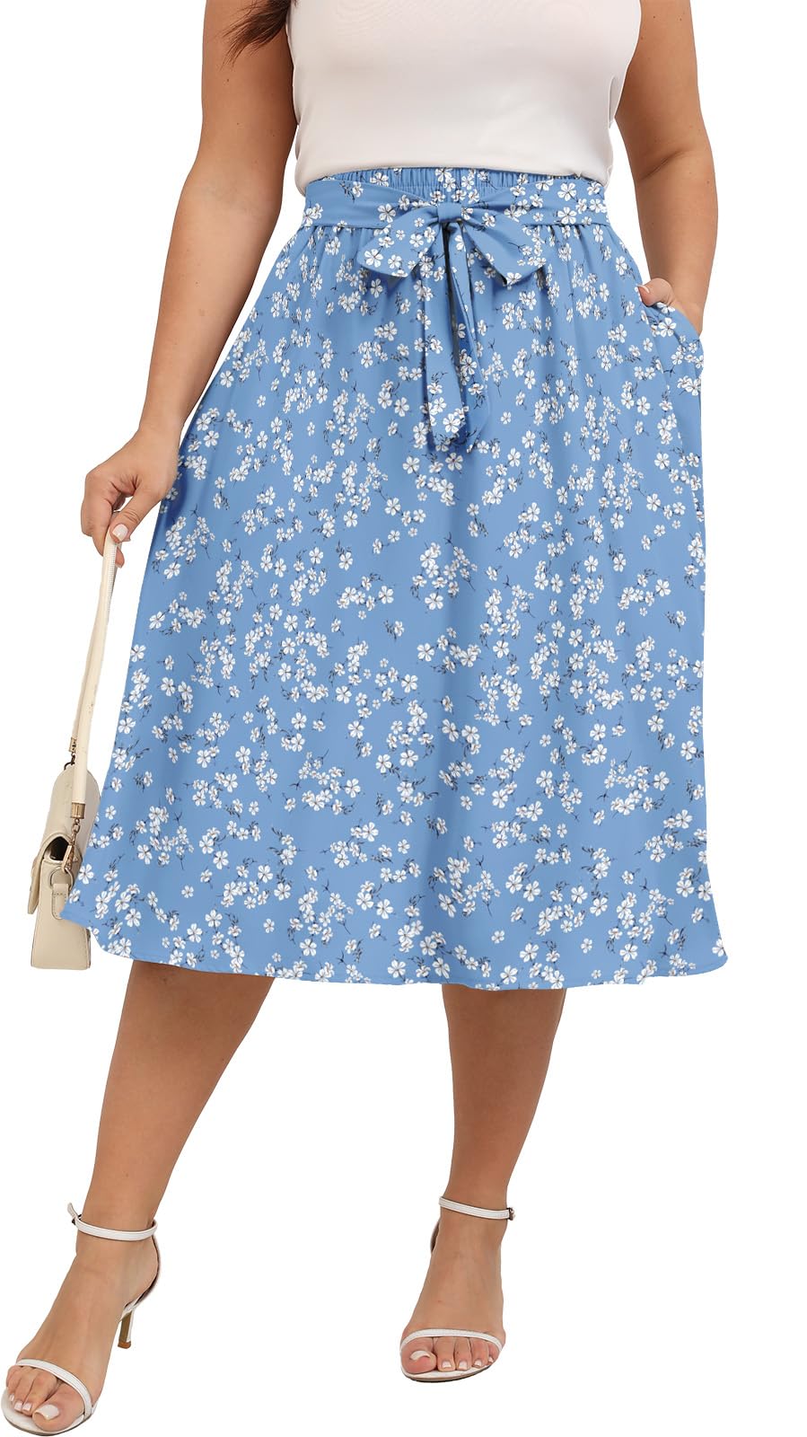 Xpenyo Womens Plus Size Midi Skirts Summer Elastic High Waisted Boho Casual Beach Flowy Swing Knee Length Skirts with Pockets