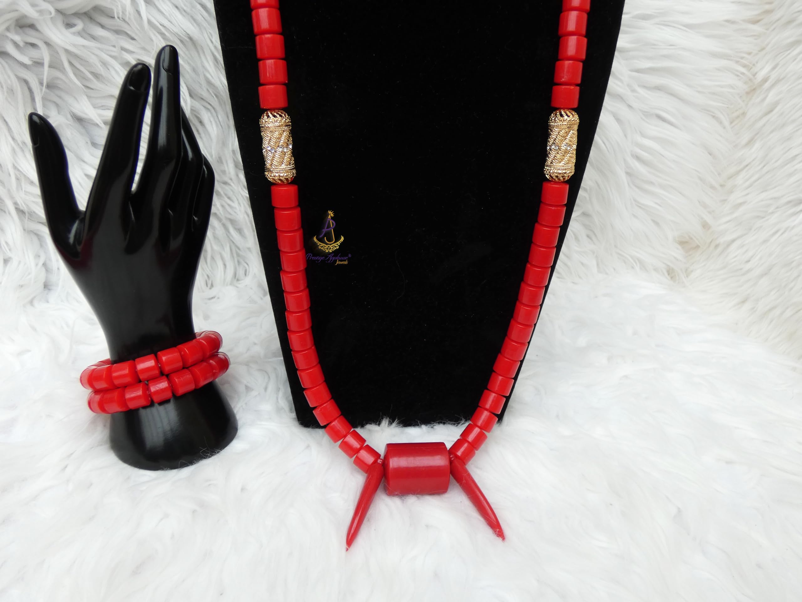 Parure traditionnelle africaine Edo Igbo en perles de corail blanc avec collier et bracelet - Motif éléphant - Bijou de mariage nigérian pour homme
