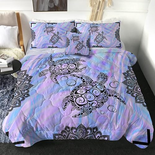 Sleepwish Tie Dye Sea Turtle Comforter King Set Mandala Turtle Bedding Sets for Kids Girls Boys 4 Piece Marble Pastel Quilt Set Purple Blue Pink (King)