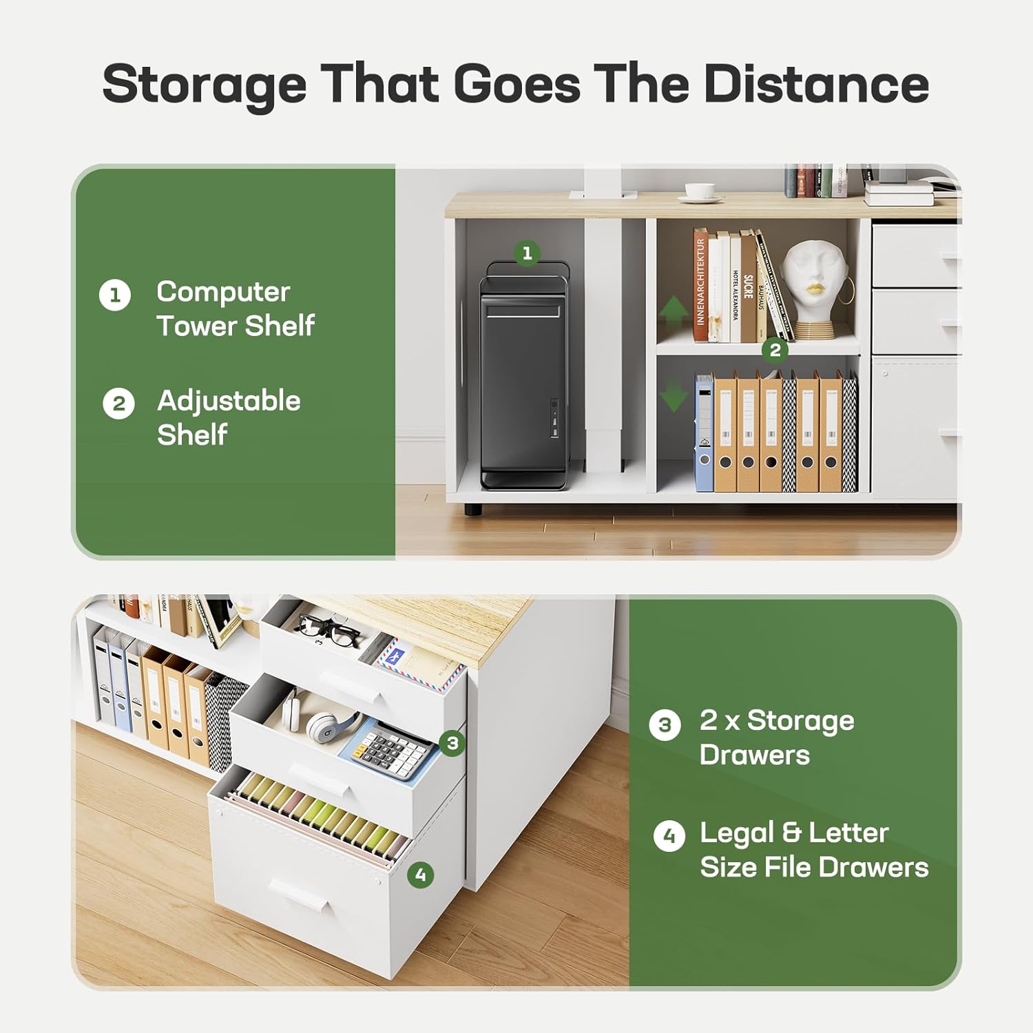 Marsail L-Shaped Executive Standing Desk with File Cabinet, 55" x 24" Electric Height Adjustable Stand up Desk, One-Whole Piece Desktop, Home Office Modern Computer Deskwith 4 Memory Presets