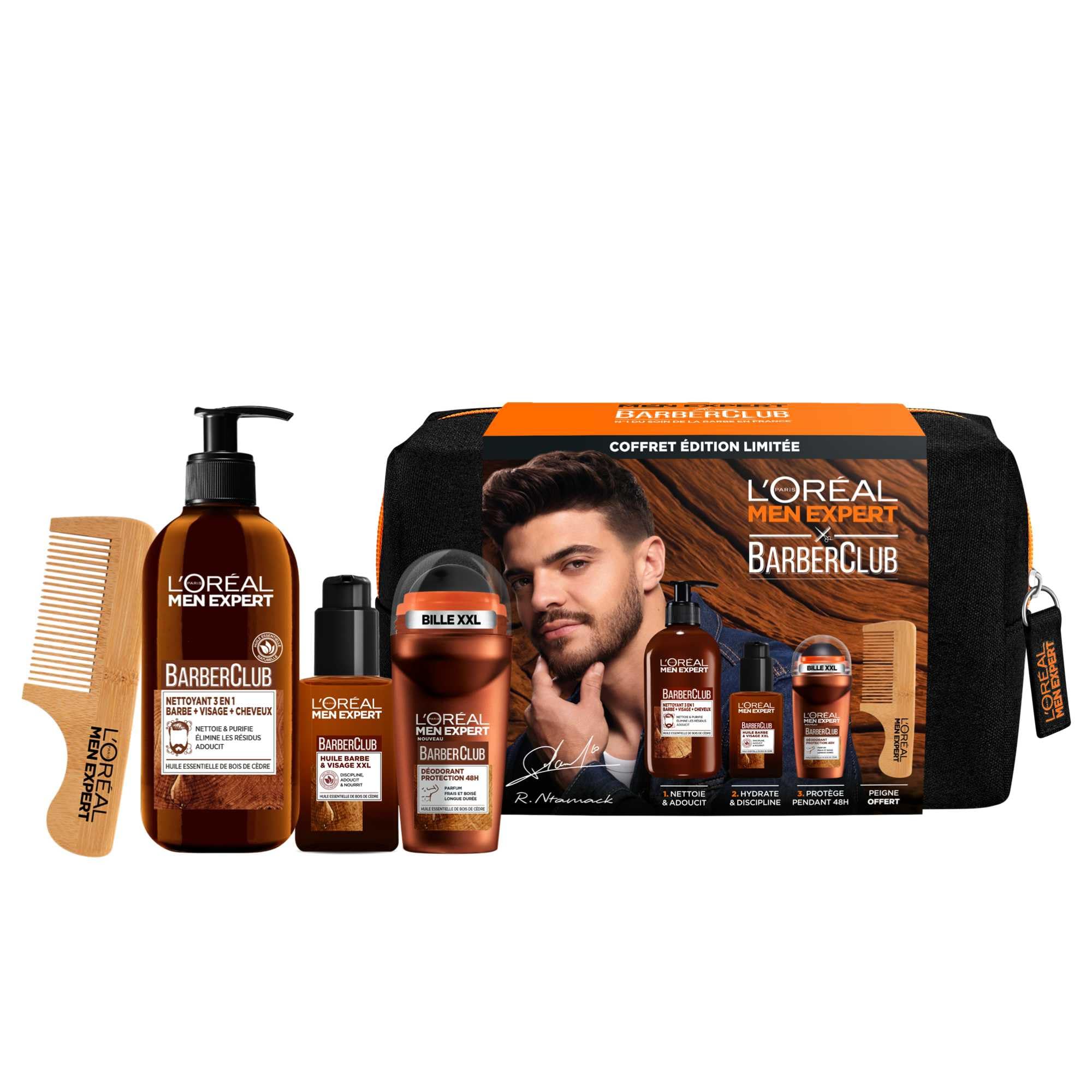 L'Oréal Men Expert BarberClub Limitowana edycja Romain Ntamack, olejek do włosów z długą brodą i twarzą 50 ml + środek czyszczący 3 w 1 do brody, do twarzy, włosów 200 ml + dezodorant w kulce ochrona