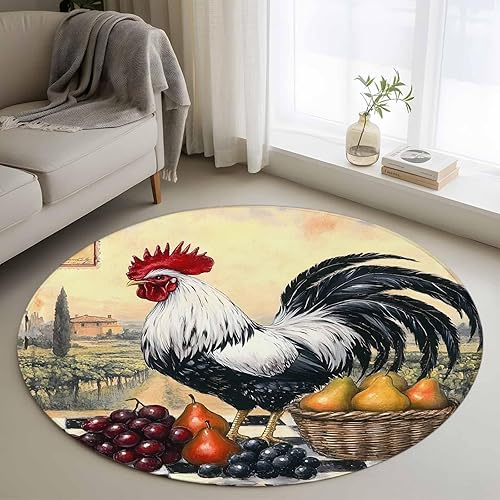 3ft Round Rug, Rooster Non-Skid Rubber Backing Large Area Rugs - Living Room Bedroom Home Office, Retro Pastoral Animals Watercolor Indoor Floor