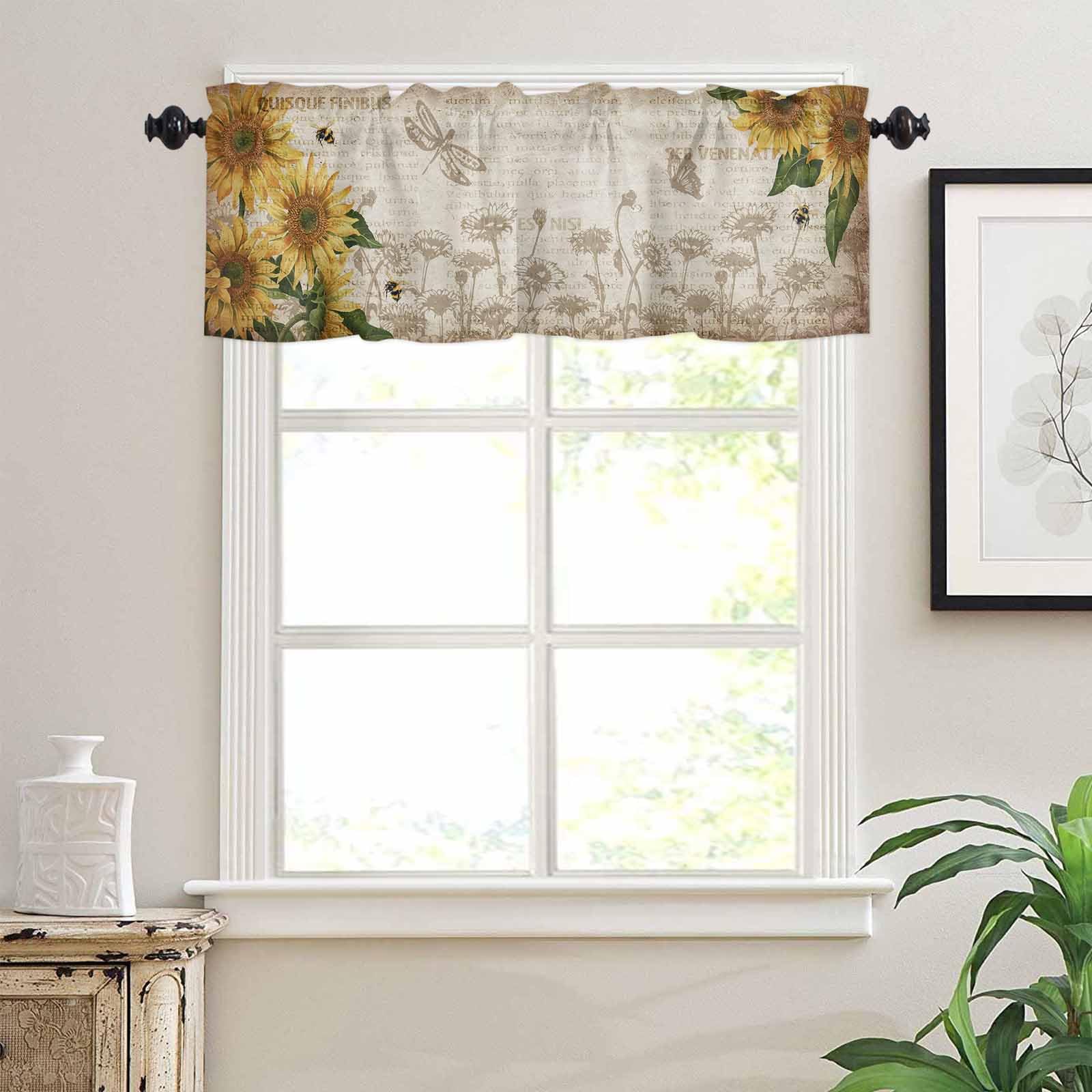 TocaHome Window Curtain Kitchen Valance for Living Room Sunflower and Bee on Vintage Old Newspaper Rod Pocket Curtain Valance 1 Panel 60"x18"