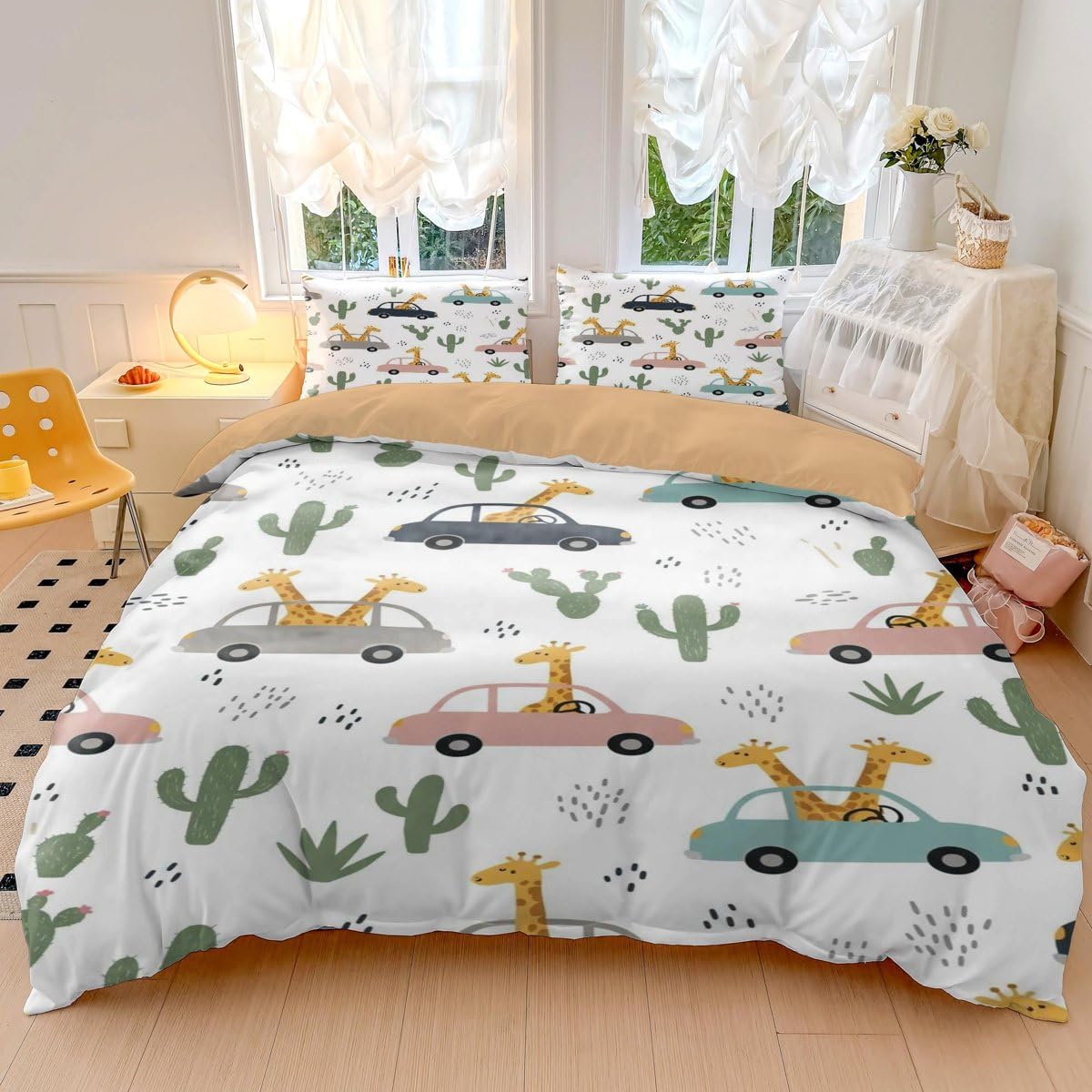 Juego de funda de edredón con estampado de jirafa y cactus de dibujos animados, ropa de cama de microfibra suave para decoración de dormitorio infantil (estilo 1, tamaño King 240 x 220 cm + 50 x 75 cm