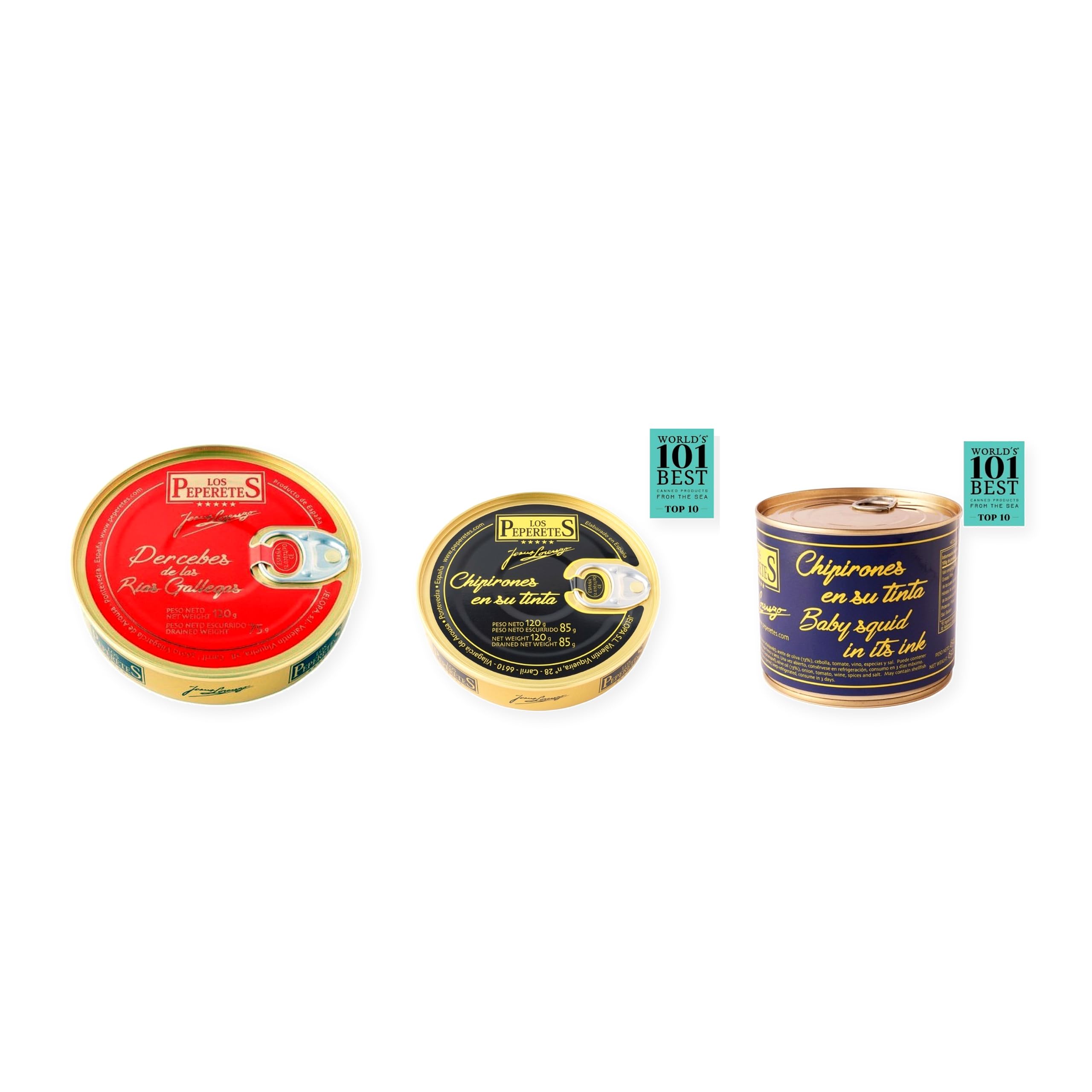 los peperetes conservas Percebes Rías Gallegas, Chipirones Tinta 120g y Chipirones Tinta 460g pack 3 latas