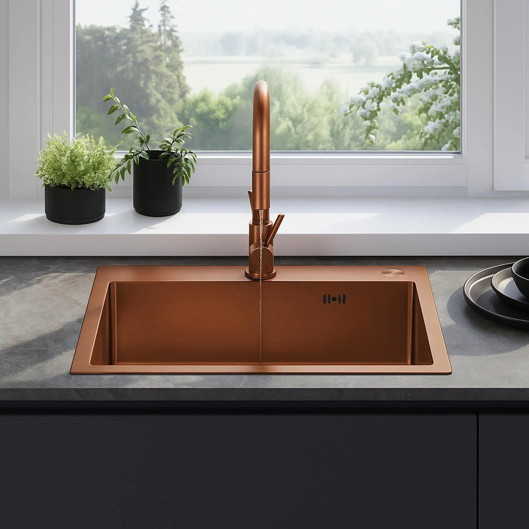 Rea- Edelstahlspüle Liam + Küchenarmatur Fresh Brush copper, Gebürstetes Kupfer