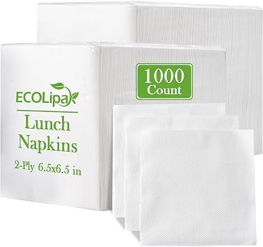 ECOLipak Lunch Napkins Bulk, 1000 Count Everyday Paper Napkins, 6.56.5 Inch Folded, 2-Ply Soft And Absorbent for Dinner, Gathering, Bar, Restaurants1313 Inch Unfolded