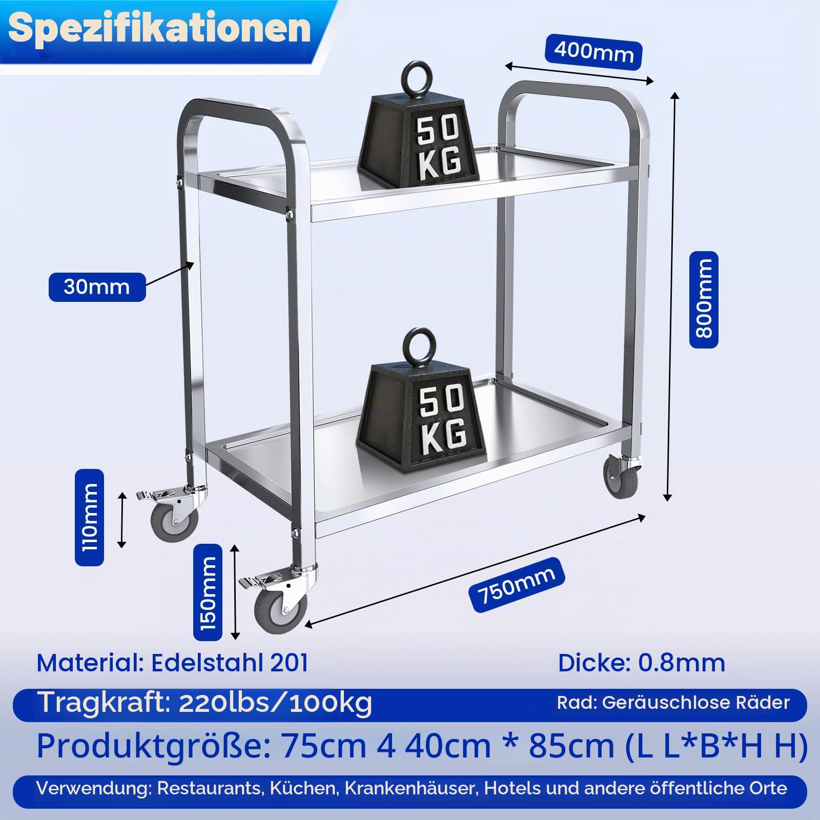 Servierwagen 2 Böden Küchenwagen Transportwagen Edelstahl mit 4 Rollen (2X bremsbar) für Restaurant Küchen oder Hotel (75 x 40 x 80 cm)
