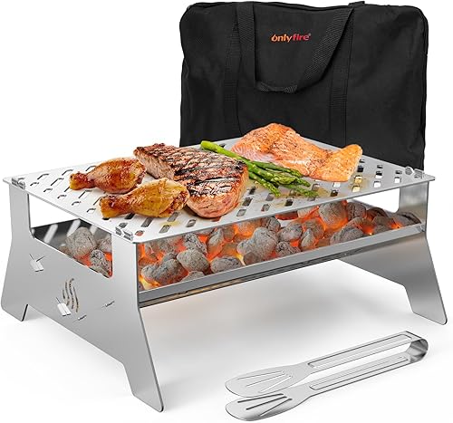 Onlyfire Parrilla de carbón portátil, parrilla plegable de acero inoxidable resistente con bolsa de transporte y pinza para barbacoa para patio,