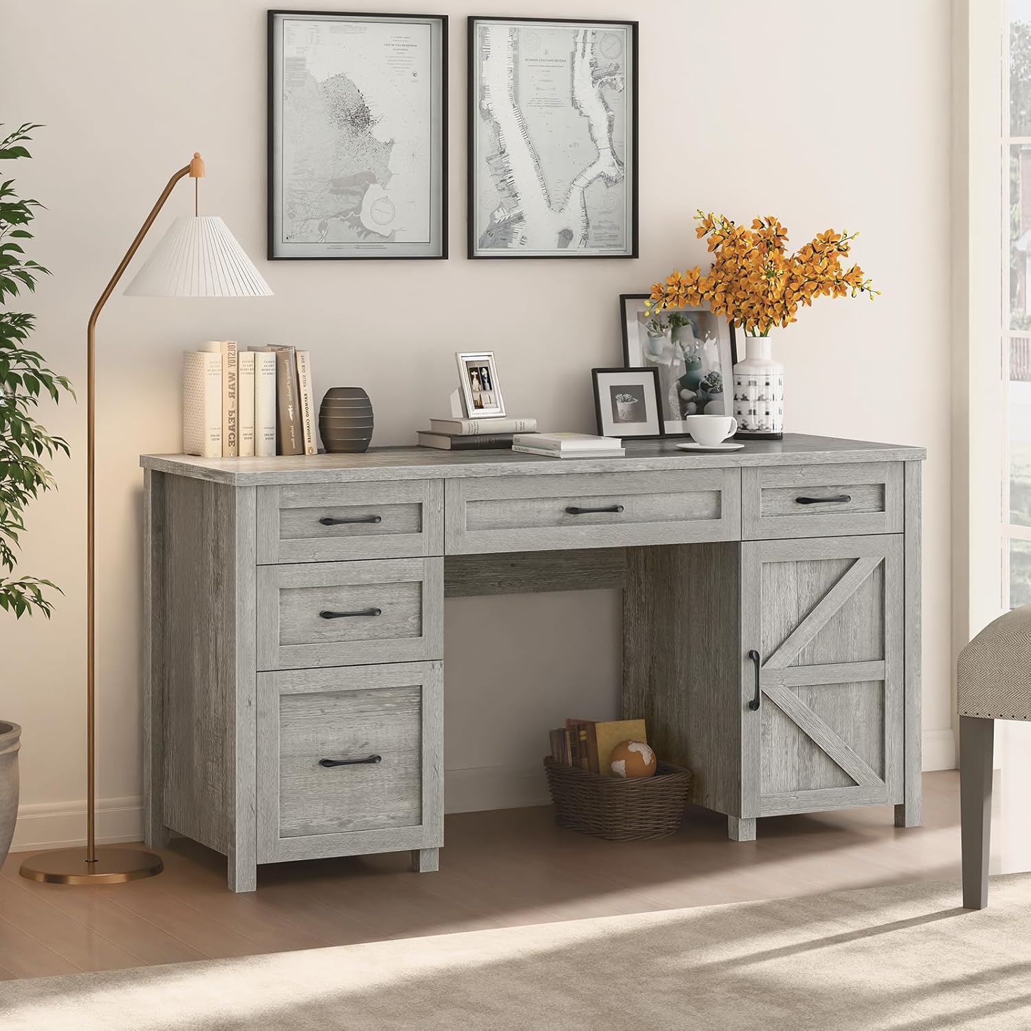 Farmhouse 61'' Executive Desk with 5 Drawers, Rustic Office