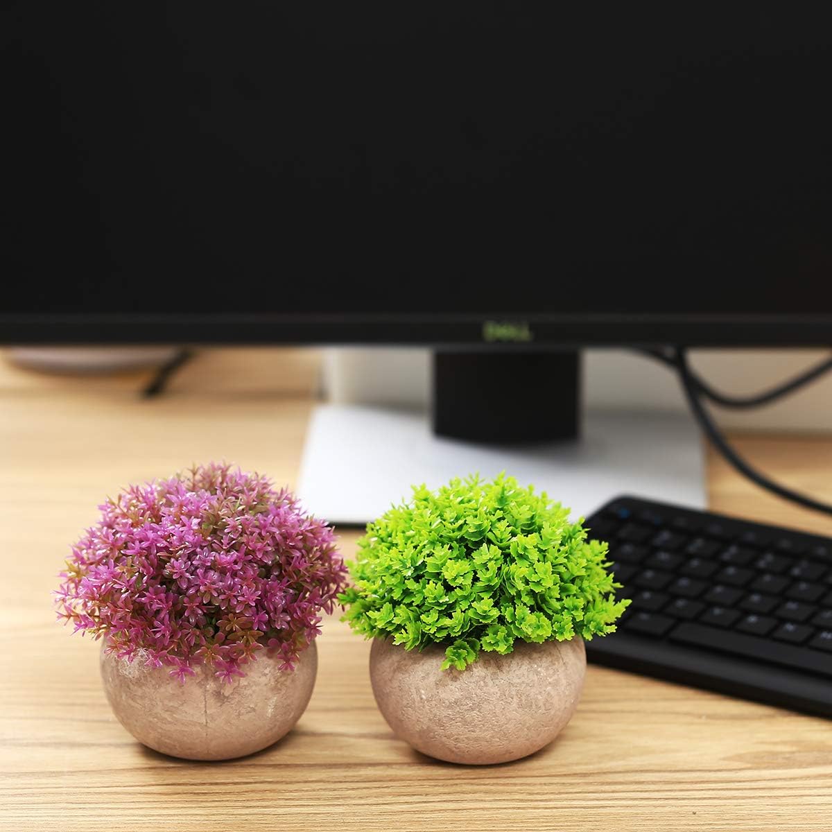 2 Packs Small Fake Plants Artificial Mini Potted Plants Artificial Plants for Home Decor Indoor Faux Plants in Pots Centerpiece Topiary Shrubs for Bathroom Decoration, Green and Purple
