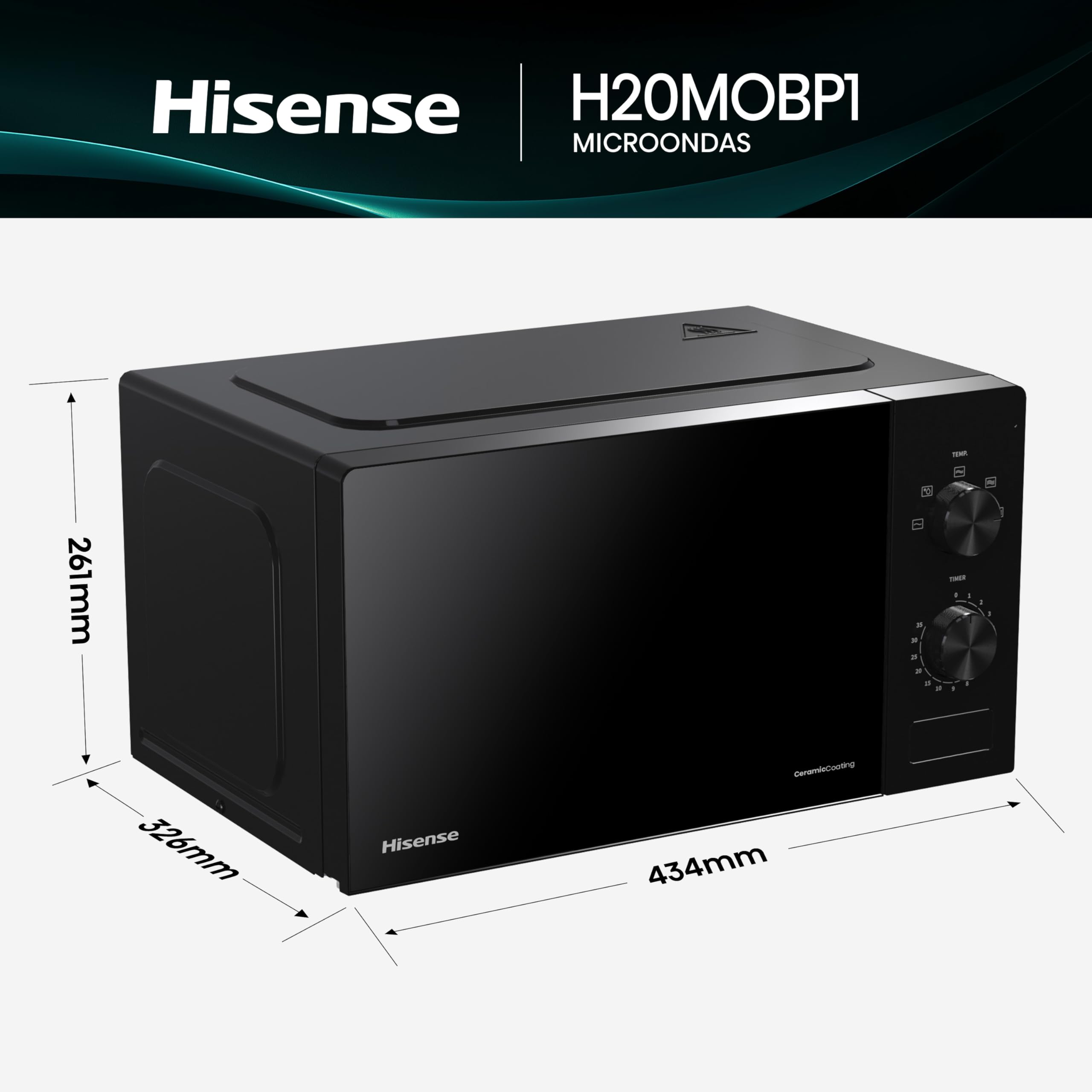 Hisense H20MOBP1, Microondas, Capacidad de 20 L, 700 W de Potencia, Temporizador 30 Min, Modo Descongelar, Tirador, Estándar, Color Negro