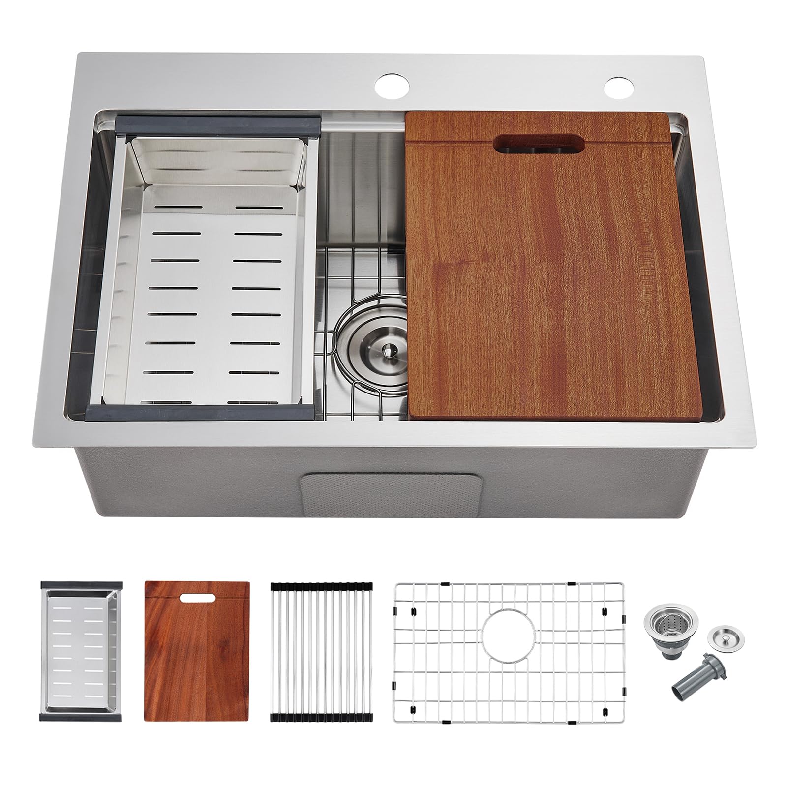 Évier de cuisine cuve simple carrée POPFLY évier encastrable inox avec passoire