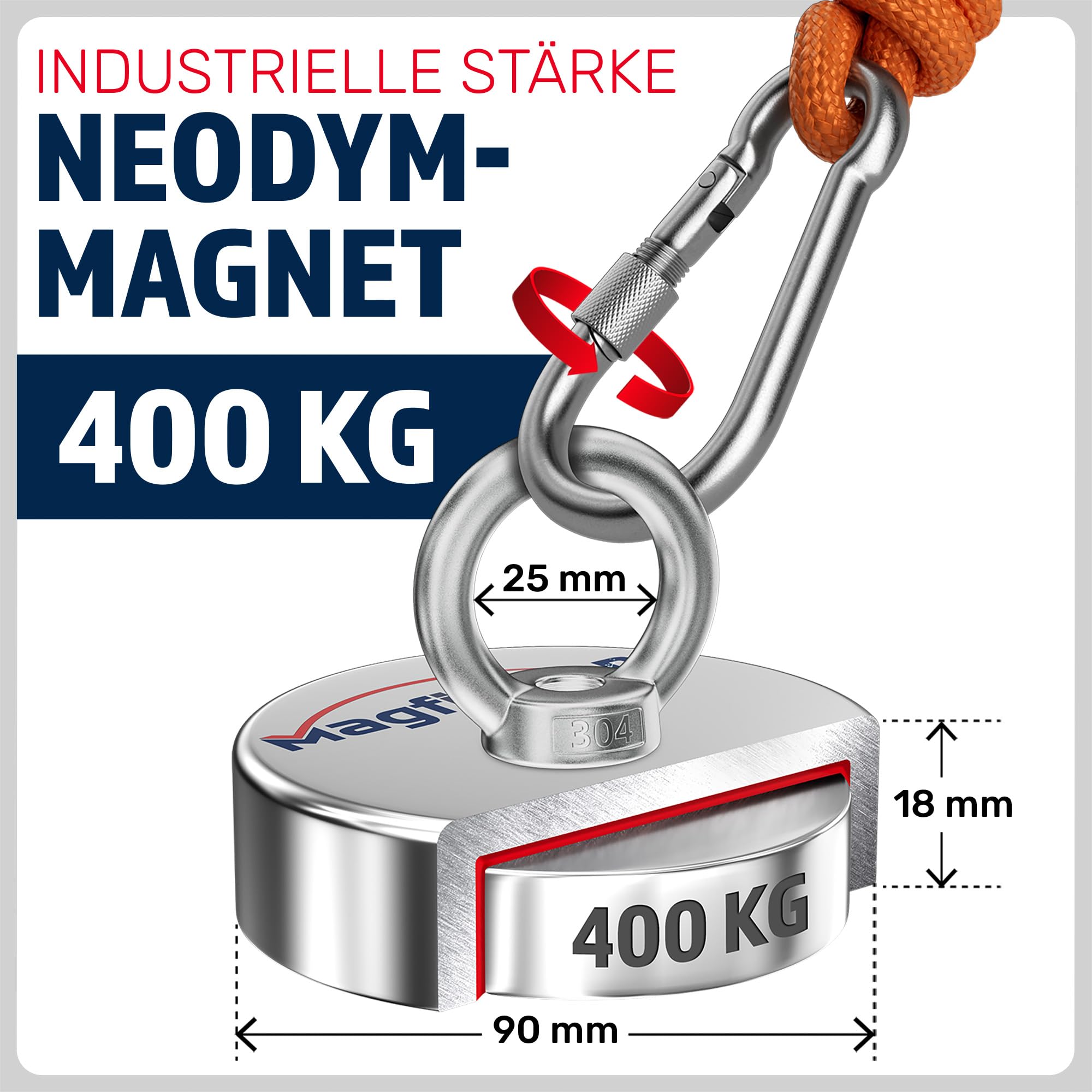MAGFISHION Magnetfischen Set - 400 KG - Ø90mm - Neodym Magnet mit 2 Seilen, Greifhaken, Handschuhe - Magnet Fischen Angel - Ösenmagnet - Fishing Magnetangel - Magnetangeln Set