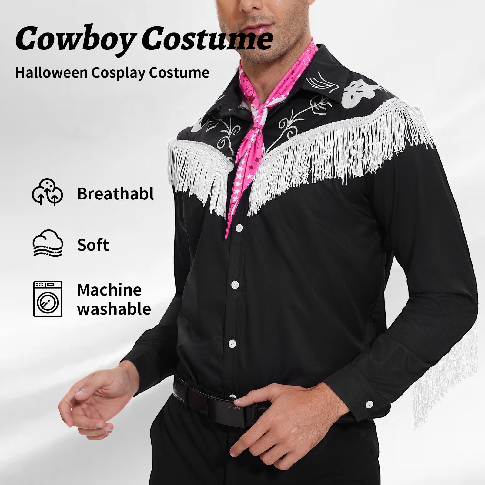 Costume da cowboy da uomo con sciarpa, camicia da cowboy, carnevale, Halloween, costume da cosplay da uomo