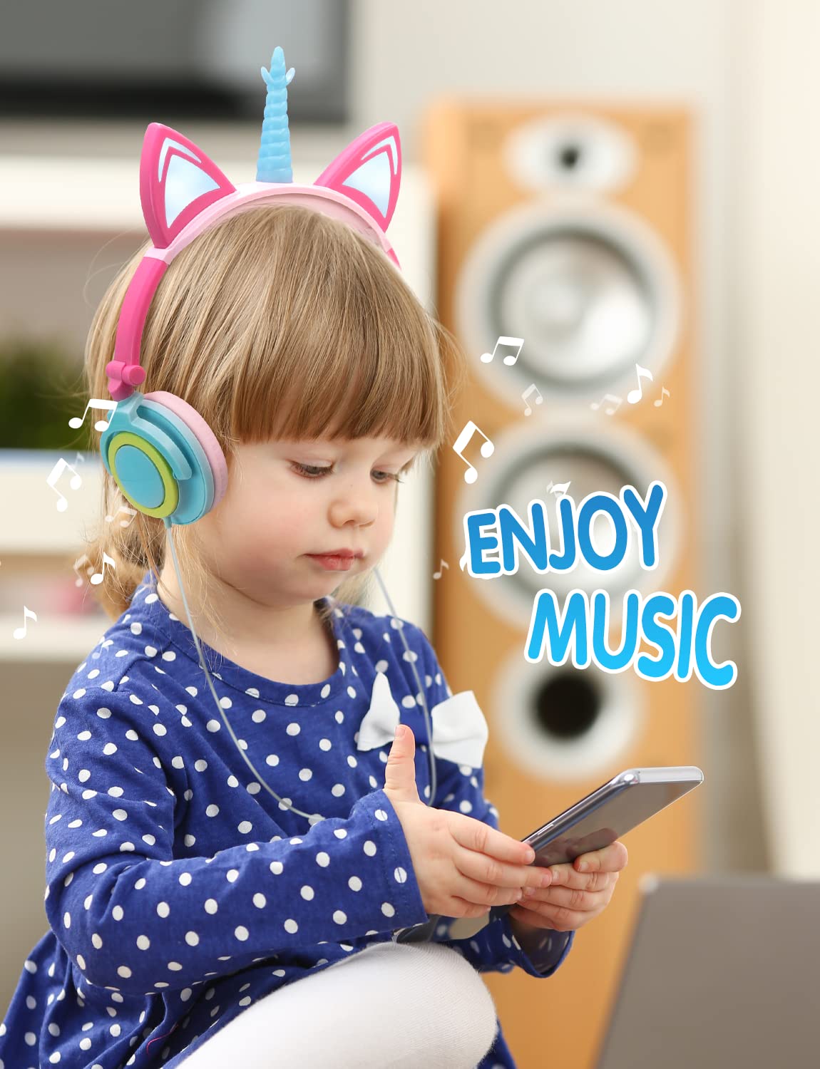 ONTA Auriculares para Niños con Orejas de Gato Iluminados con LED Plegables sobre Oído, Auriculares Resplandor Unicornio para Niños para la Escuela, la Casa, Cable Sin Enredos (Polvo Azul)