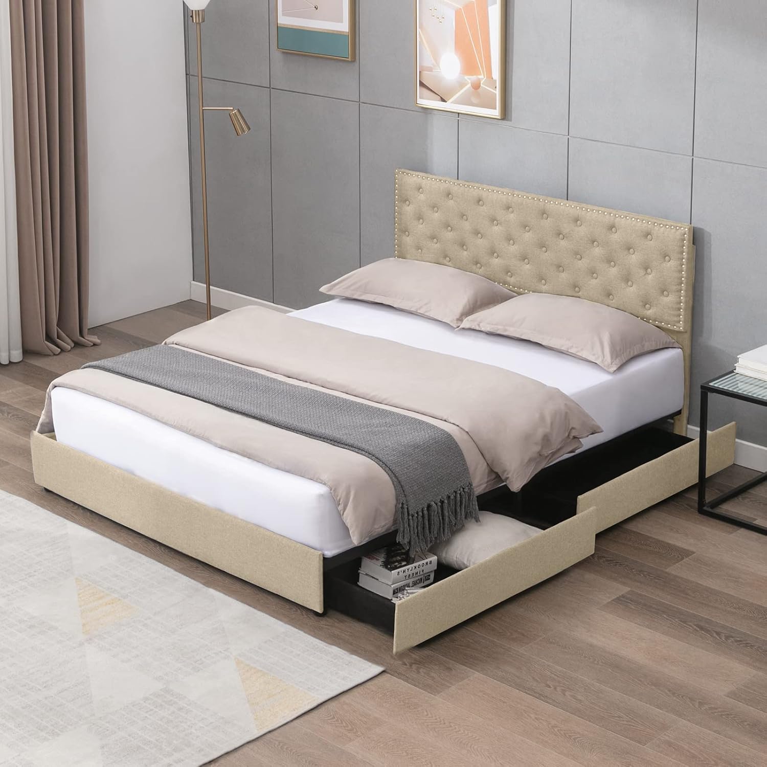 CECER King Size Bed Frame with 4 Storage Drawers