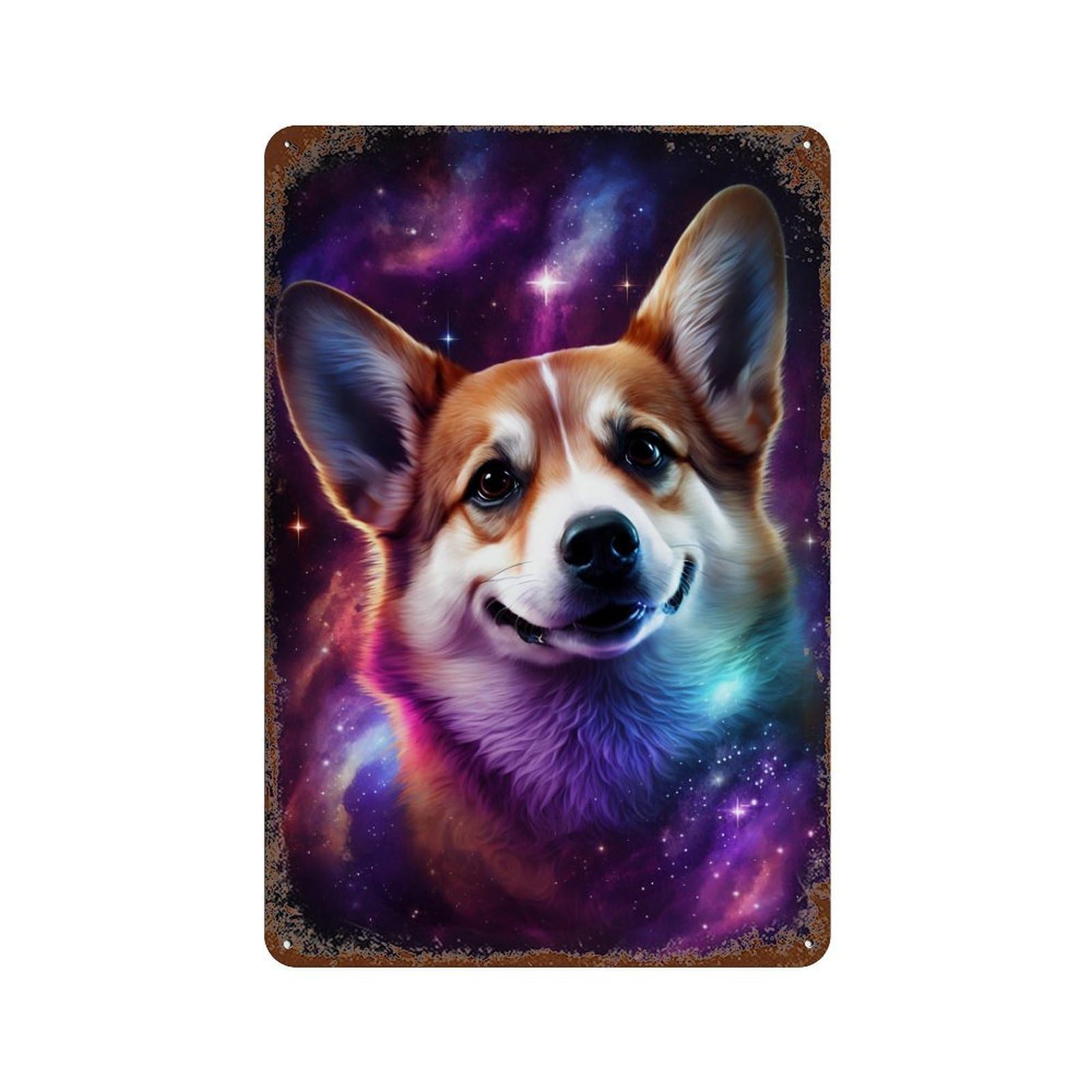 Rusty Metal Tin Sign with Cosmic Corgi Portrait-10 Design 11.8"x7.9", for Farmhouse, Kitchen And Entryway Decor, Classic Wall Plaque