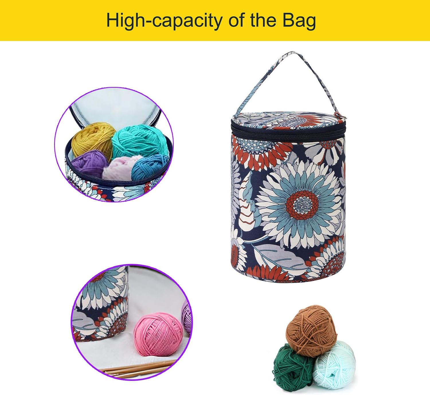 Small Portable Yarn Holder with Anti-Tangle Design, 2-3 Standard Size Balls,Yarn Storage Bag for Crocheting with Holes,Small yarn bag,Ideal Crocheting Gifts for Women and Crocheter (Sunflower pattern)