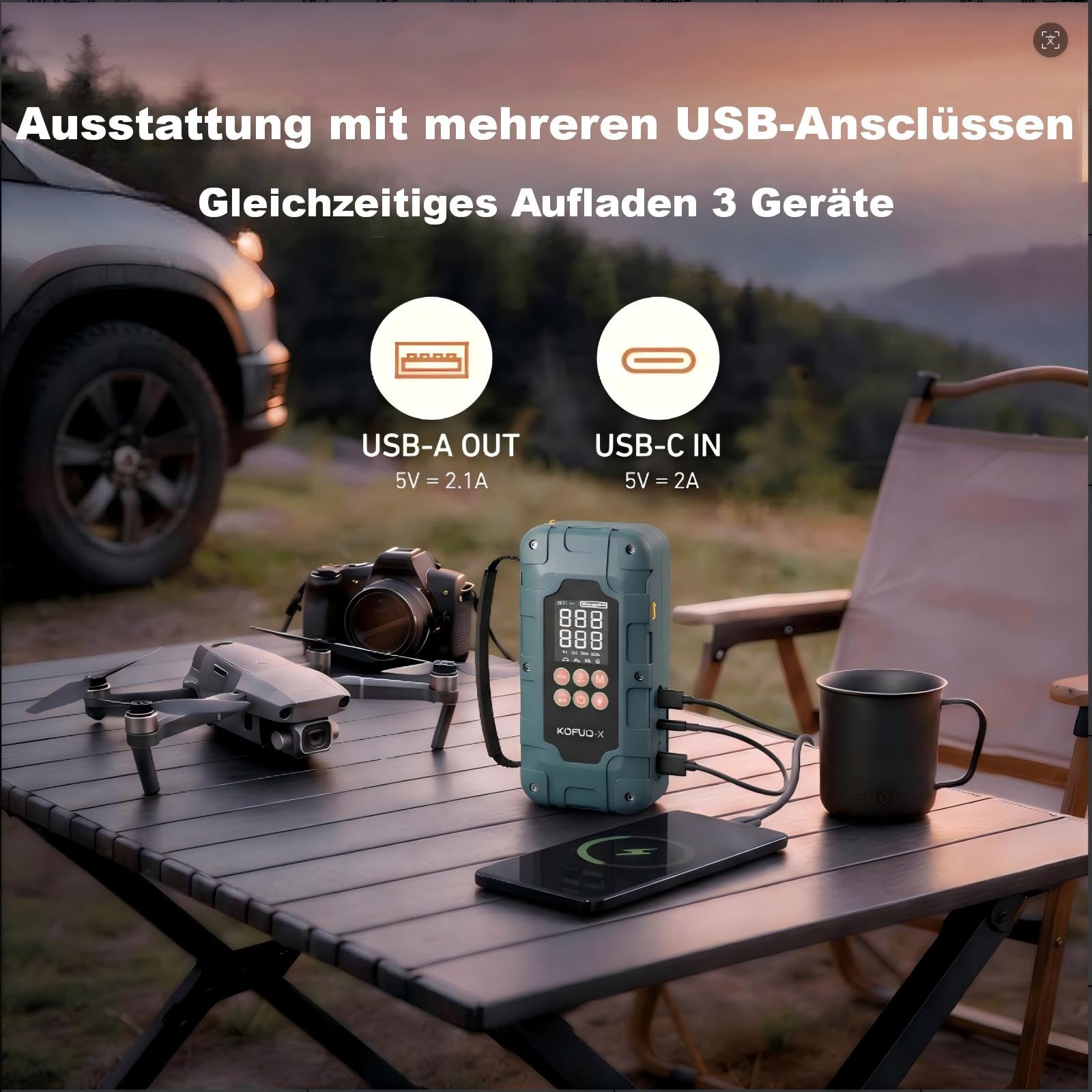 7000A Starthilfe Powerbank für PKW mit Kompressor für 12V Autos | 8000mAh 150PSI Handgriff Auto Starthilfe Powerbank für 8L Benzin & 6.5L Diesel, Jump Starter mit 3 USB-Ausgägen, LED-Licht