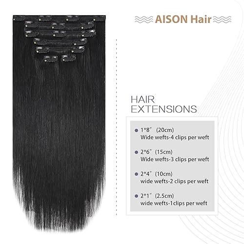 Miniatura 3 de Aison Extensiones de cabello humano real de color negro natural, 2.47 onzas, 100% Remy, extensiones de cabello humano Remy suave y sedoso, 7 piezas,