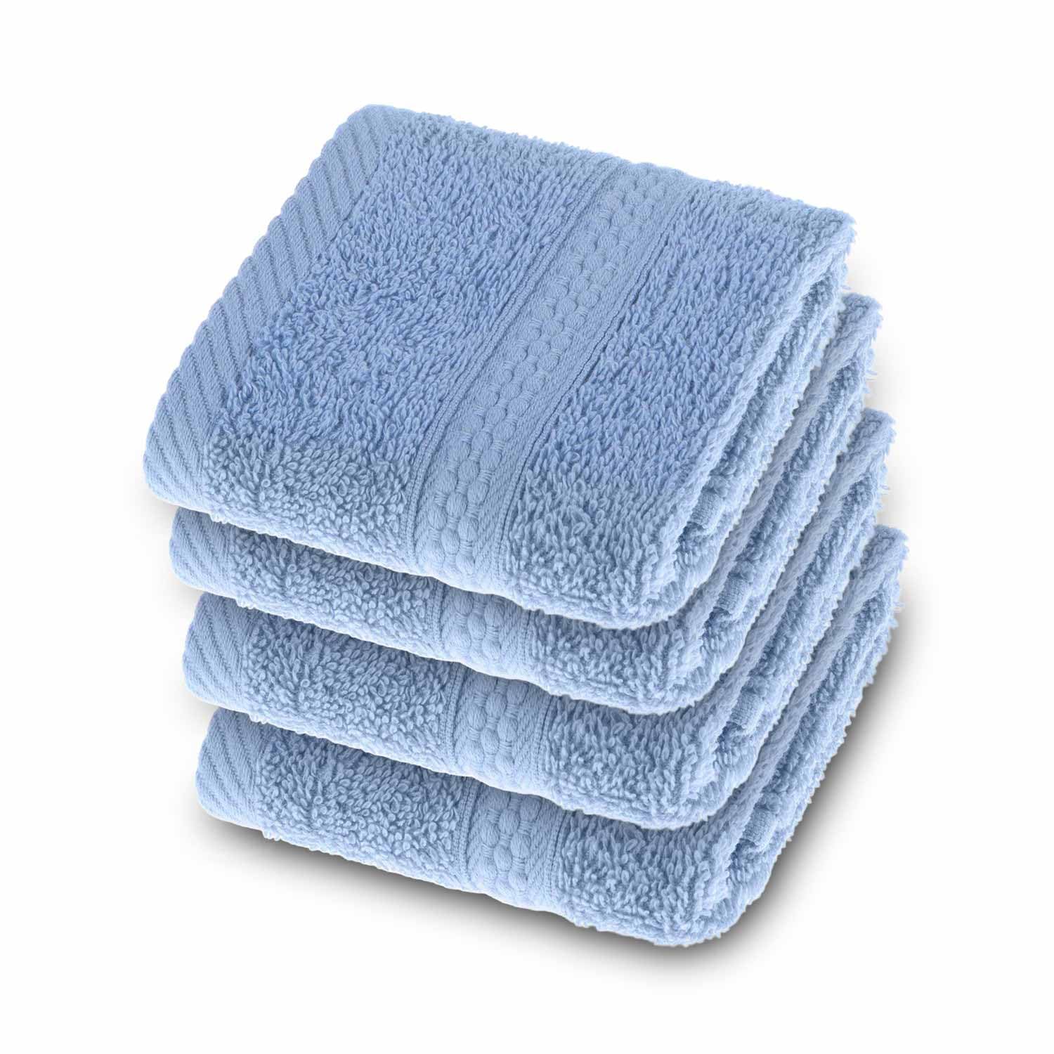 HOMESCAPES Light Blue Turkish Cotton Set of 4 Face Cloths Flannel Super Soft Thick & Absorbent 500 GSM Towel Heavy Weight for everyday Luxury