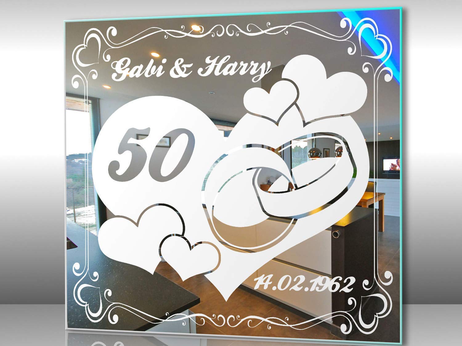 Spiegel mit Gravur zur Goldenen Hochzeit 1 ★ Wandbild ★ Hochzeitstag ★ Ehe ★ Hochzeitsgeschenk ★ 50 Jahre ★ personalisiert