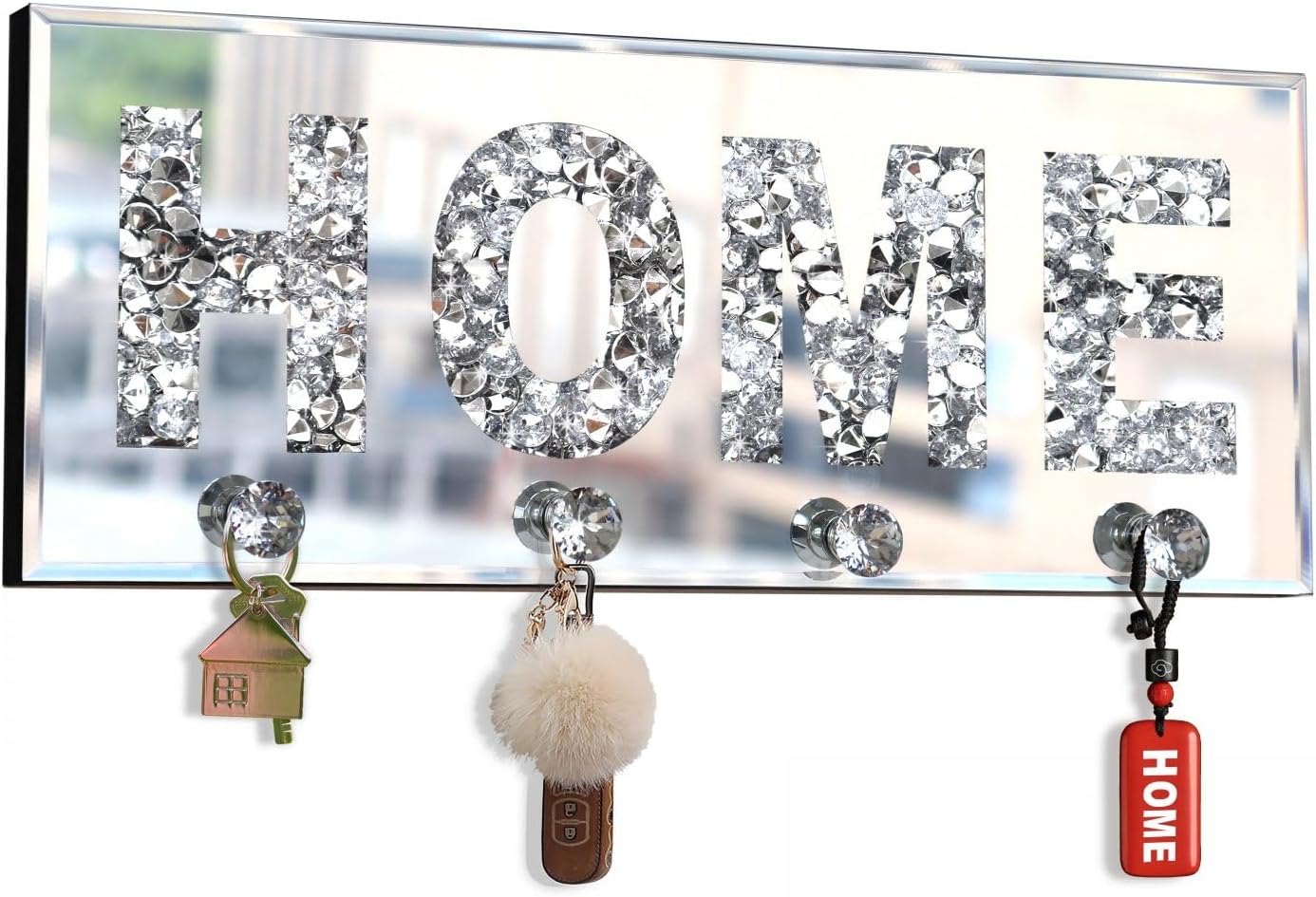 Crush Diamond Mirrored Home Letter Plaque Sign for Wall Decor, Crystal Clear Hooks Key Holder Key Hanger, Silver Mirror Decoration Wall Art, Wall Mounted Home Decor 15"×5.9"×1.6"