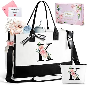 TRSODD Birthday Gifts for Women Mothers Day Gifts for Mom Wife Grandma Daughter Sister Teacher Bridesmaid Initial Tote Bag and Makeup Bag K