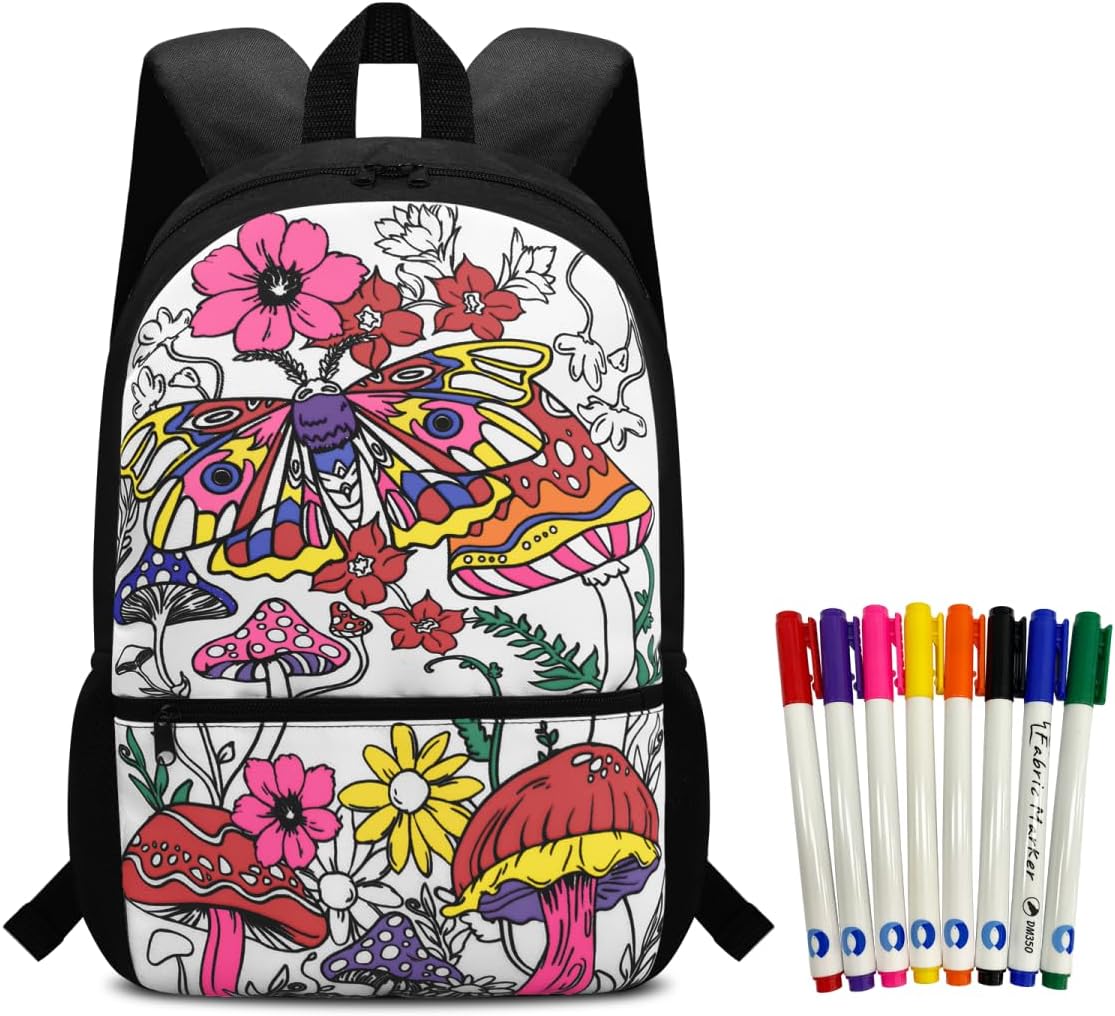 Moth Coloring Backpack for Girls 6-8 8-10 Crafts Mushroom Color Your Own Bag Bookbag with 8 Fabric Markers for Kids Back to School Supplies Gifts