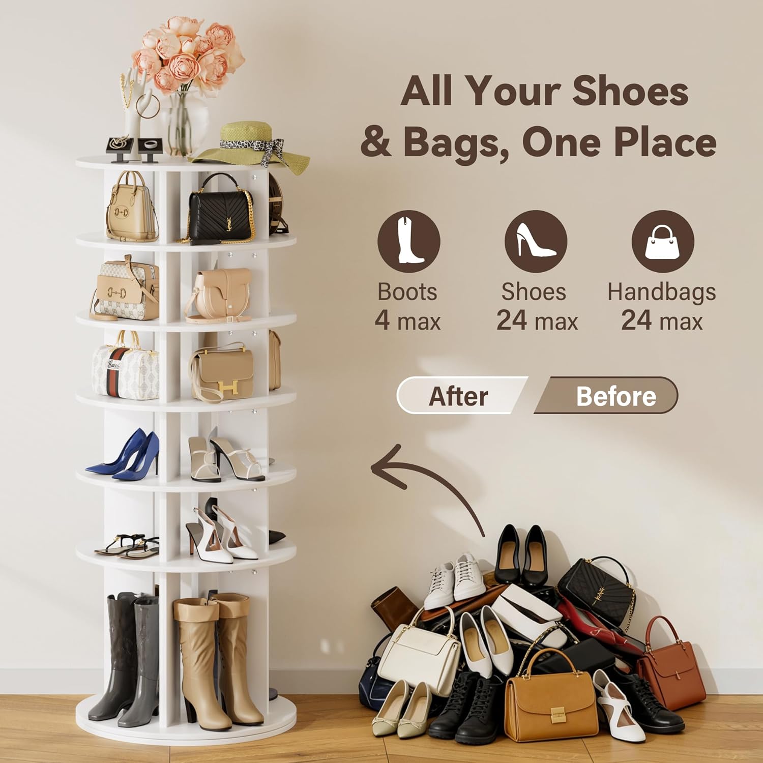 YESHOMY 6-Tier Rotating Shoe Rack Tower, 360° Spinning Vertical Shoe & Handbag Organizer with Lazy Susan Base, Space-Saving Storage for Closet, Bedroom & Entryway, White