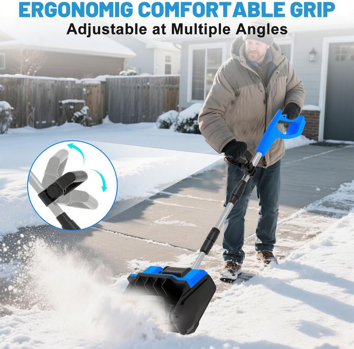 Components of the GardenJoy Cordless Snow Shovel including the main unit, handle, battery, and charger.