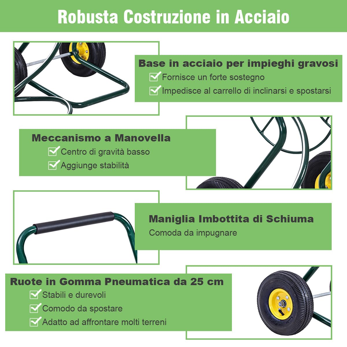 COSTWAY Carrello Avvolgitubo da Giardino, Carrello per Tubo di Irrigazione in Metallo con 2 Ruote Pneumatiche di Grandi Dimensioni, per Giardino e Cortile, 71 x 53 x 96,5 cm