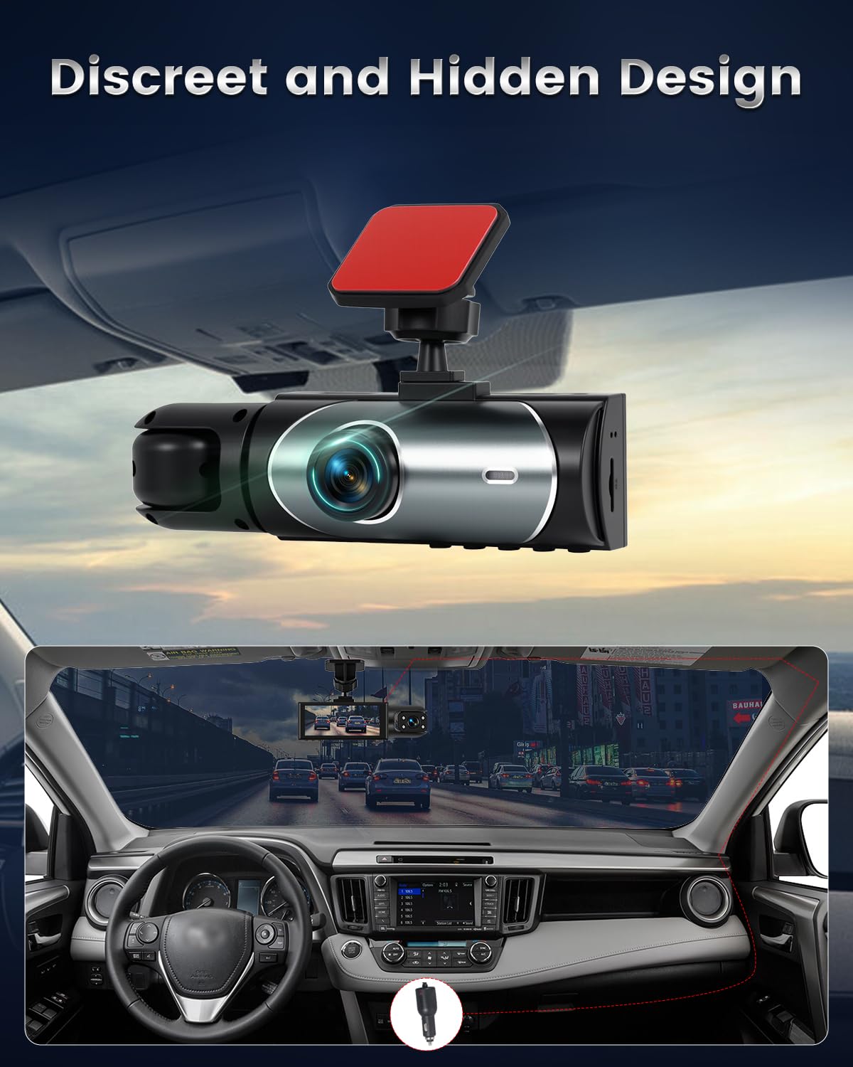 NHOPEEW Cámara Dual para salpicadero con cámara de 1080p - Cámara Frontal para salpicadero de 3,16 Pulgadas con grabación en Bucle, visión Nocturna, detección de Movimiento y Tarjeta TF de 64 GB