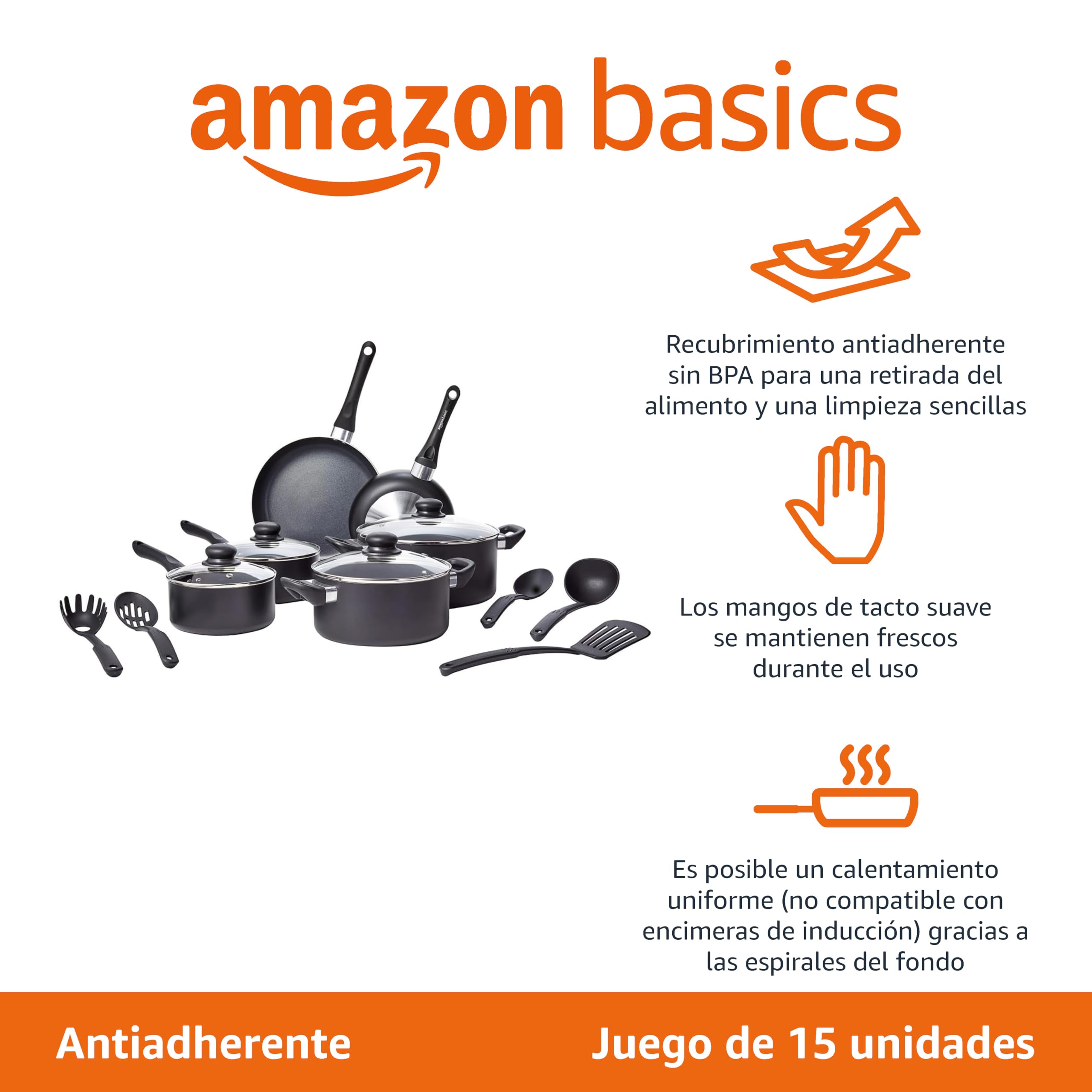 Amazon Basics Juego de utensilios de cocina antiadherentes, 15 piezas, Negro - 3