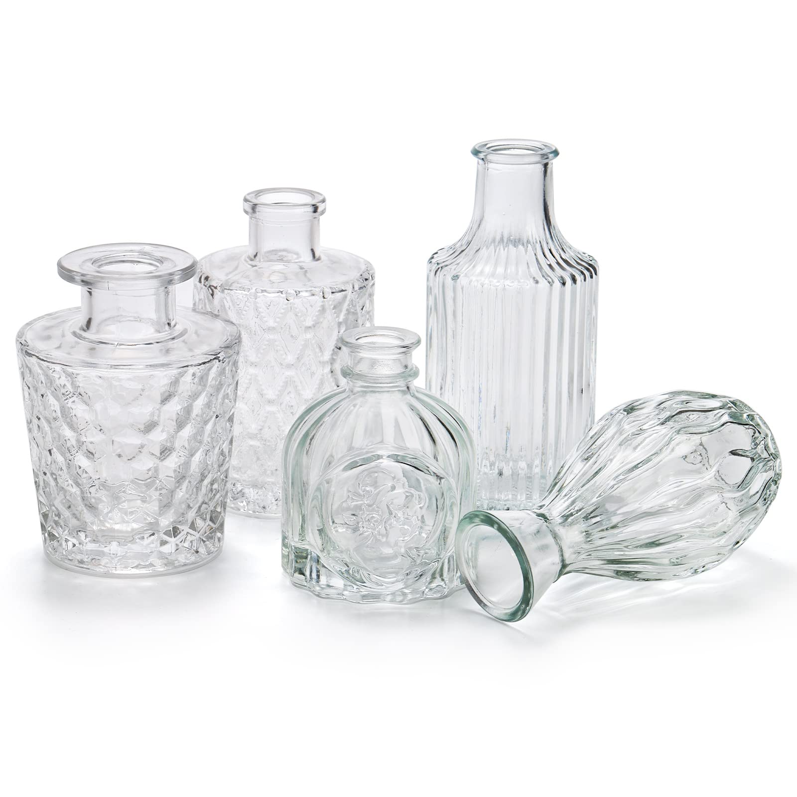 Coloch Set of 10 Clear Glass Bud Vases, Vintage Glass Flower Vase in Bulk Embossed Small Decorative Vase Set for Centerpieces, Wedding, Party, Office, Home, Boho Style Decoration