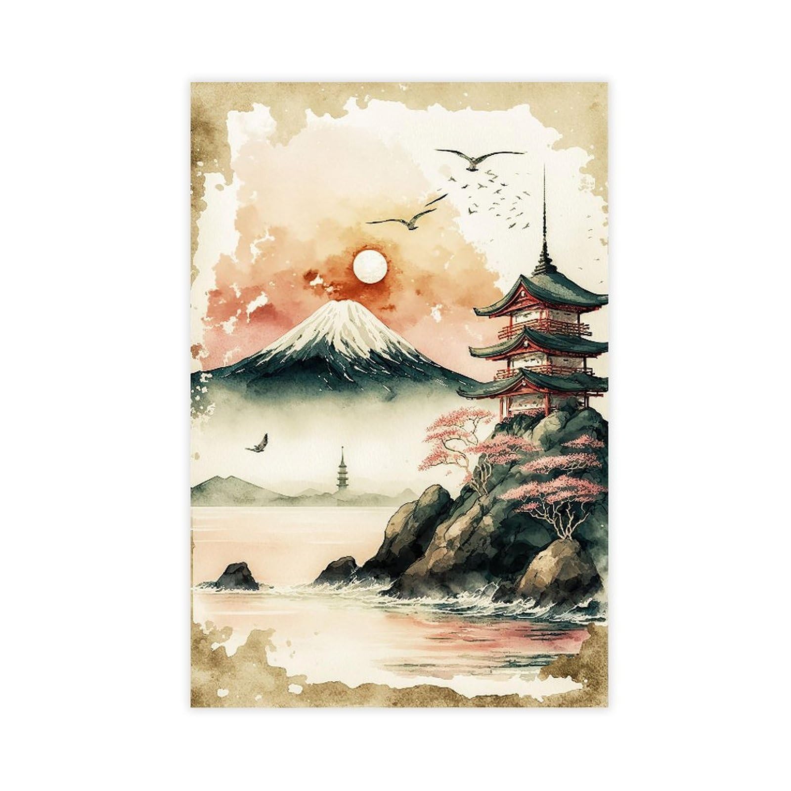 Qnvjqkdsi Unframe Japanese Landscape Watercolor Art (3) Canvas Poster Bedroom Decor Landscape Office Room Decor Gift 24" L X 36" W