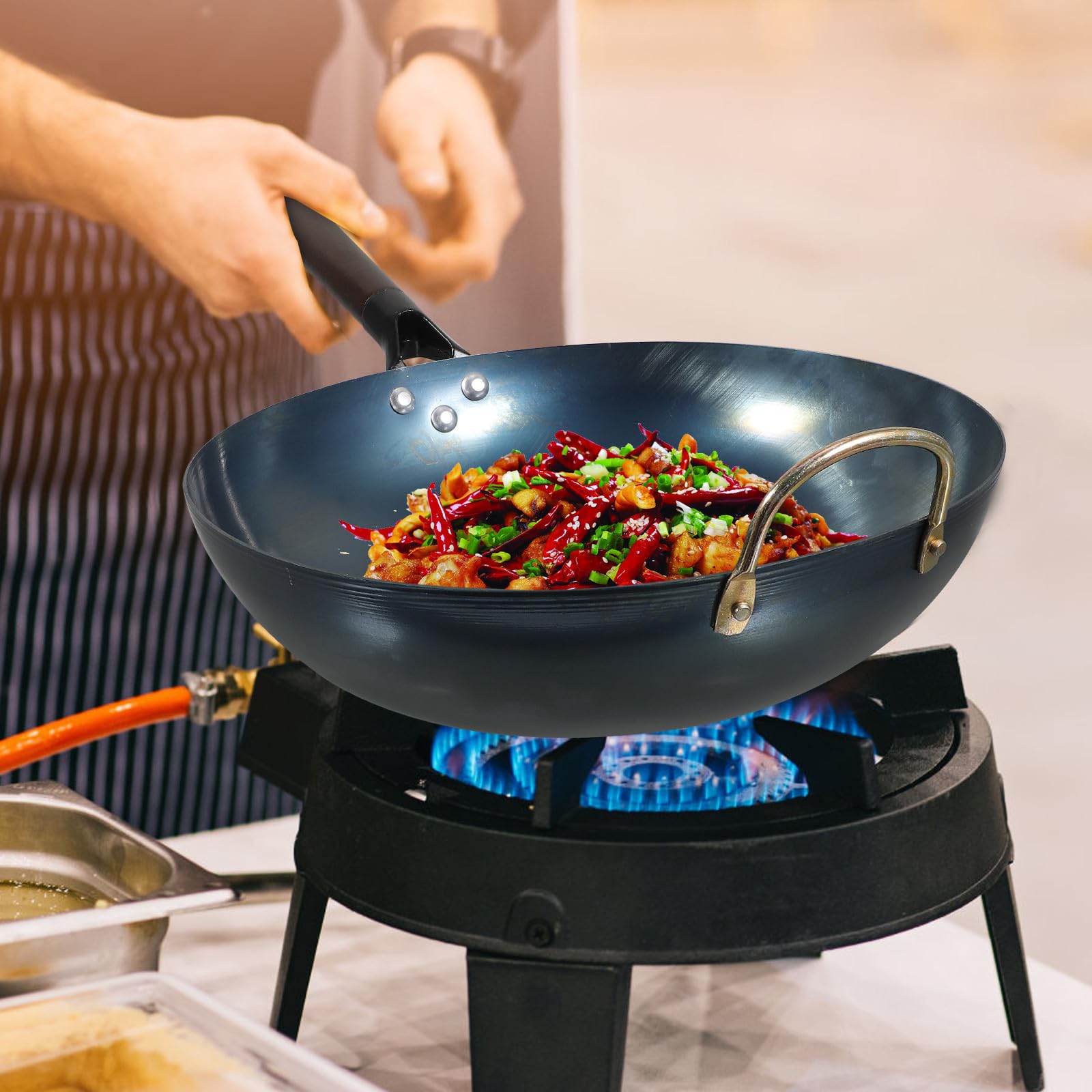Wok Ferro Antiaderente Fondo Piatto, Padella Cucina Multiuso