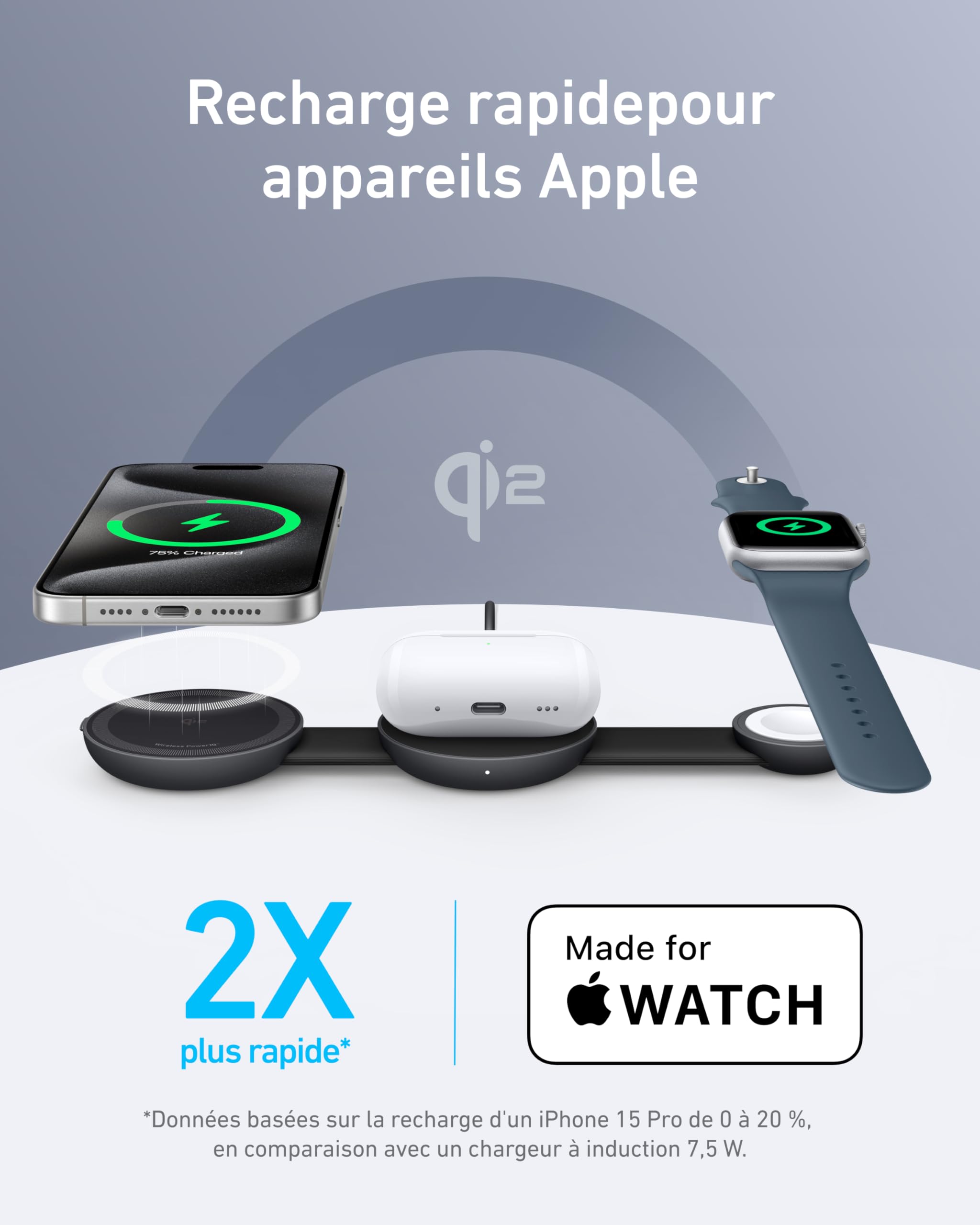 Anker Chargeur Induction iPhone Qi2 15W, Station de Recharge 3 en 1 Pliable, Compatible MagSafe pour Apple Watch, AirPods, iPhone 17/16/15 (Chargeur USB C Inclus)